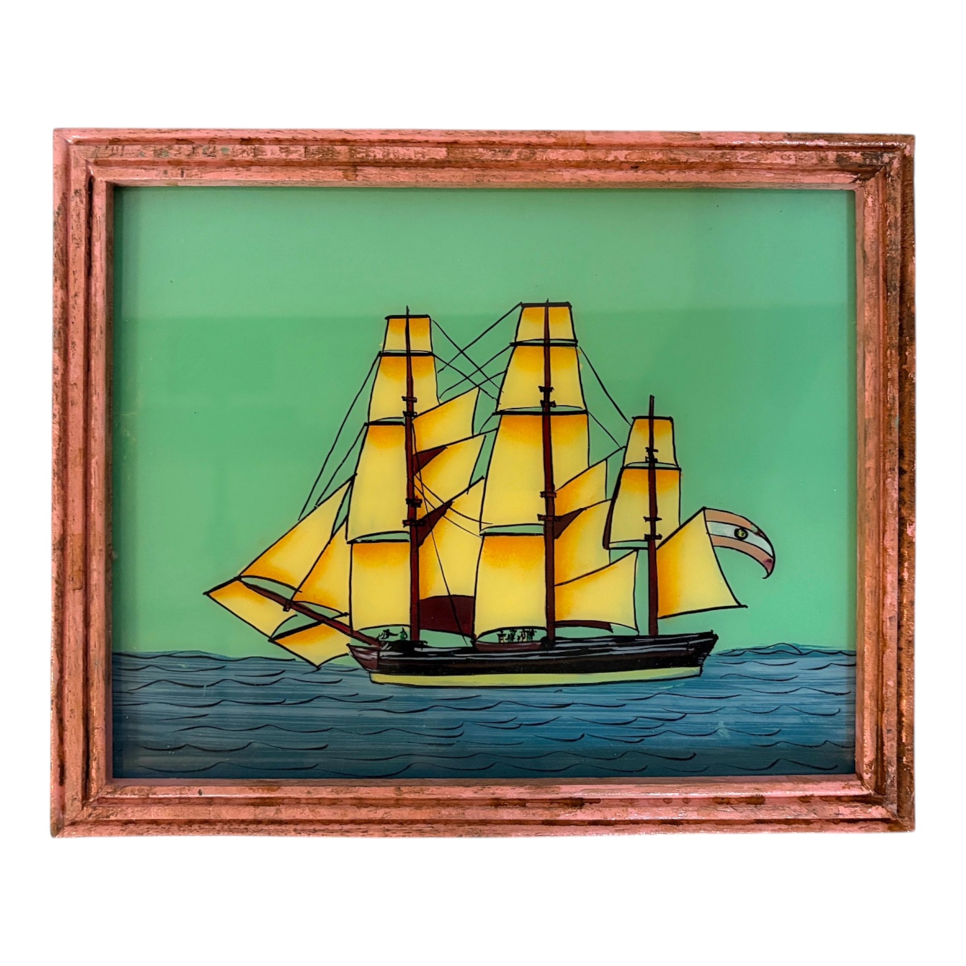 glass painting of a sailing boat within a wooden frame on a white background
