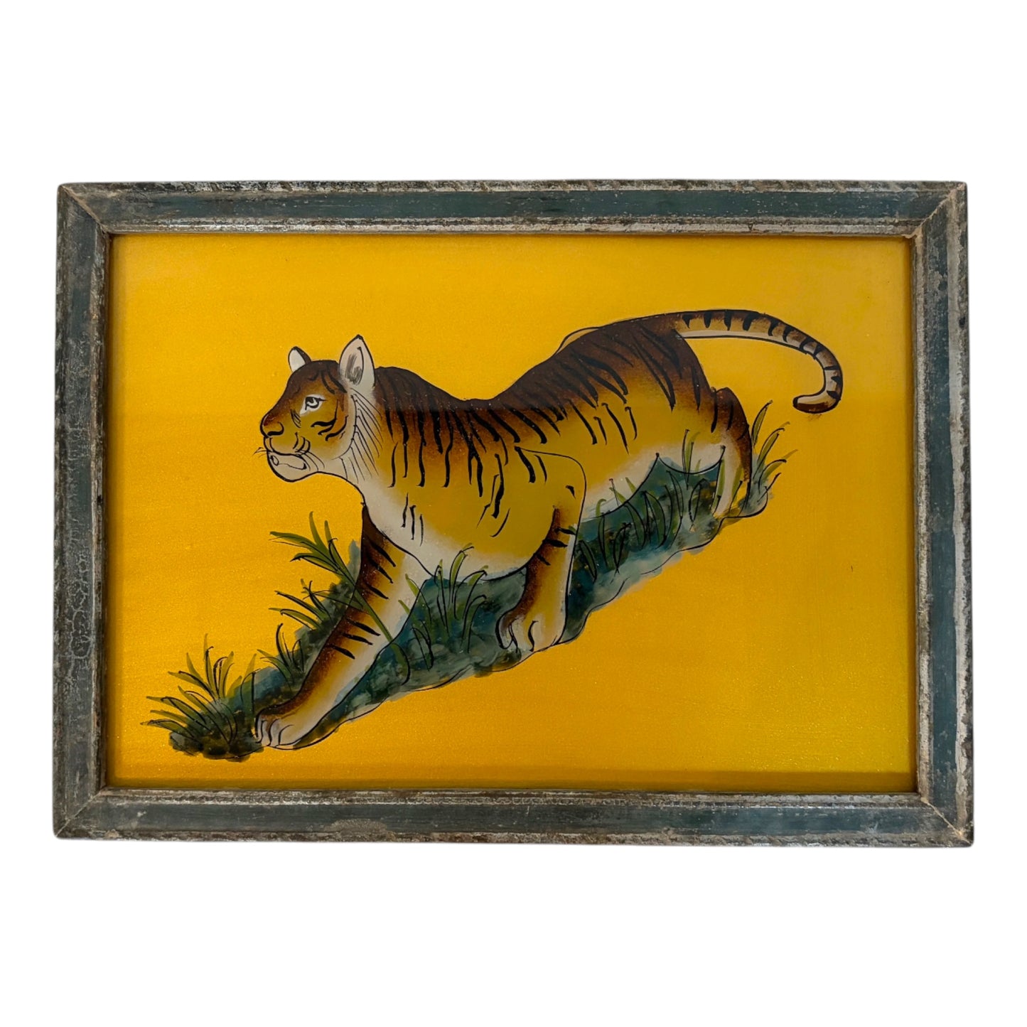 glass painting of a tiger on a gold background in a wooden frame on a white background