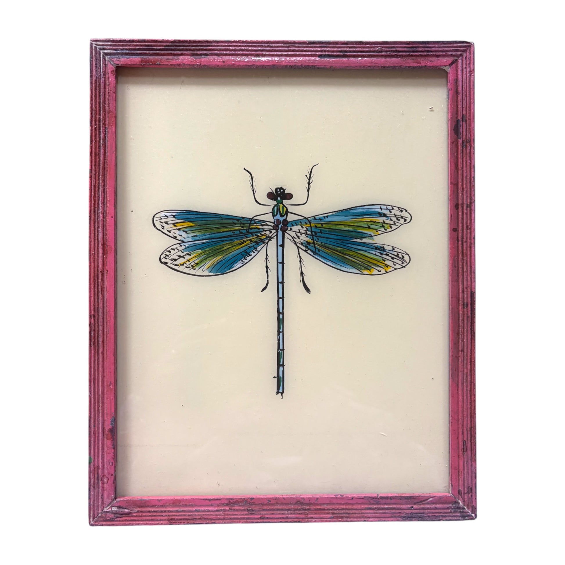 dragonfly glass painting in vintage frame
