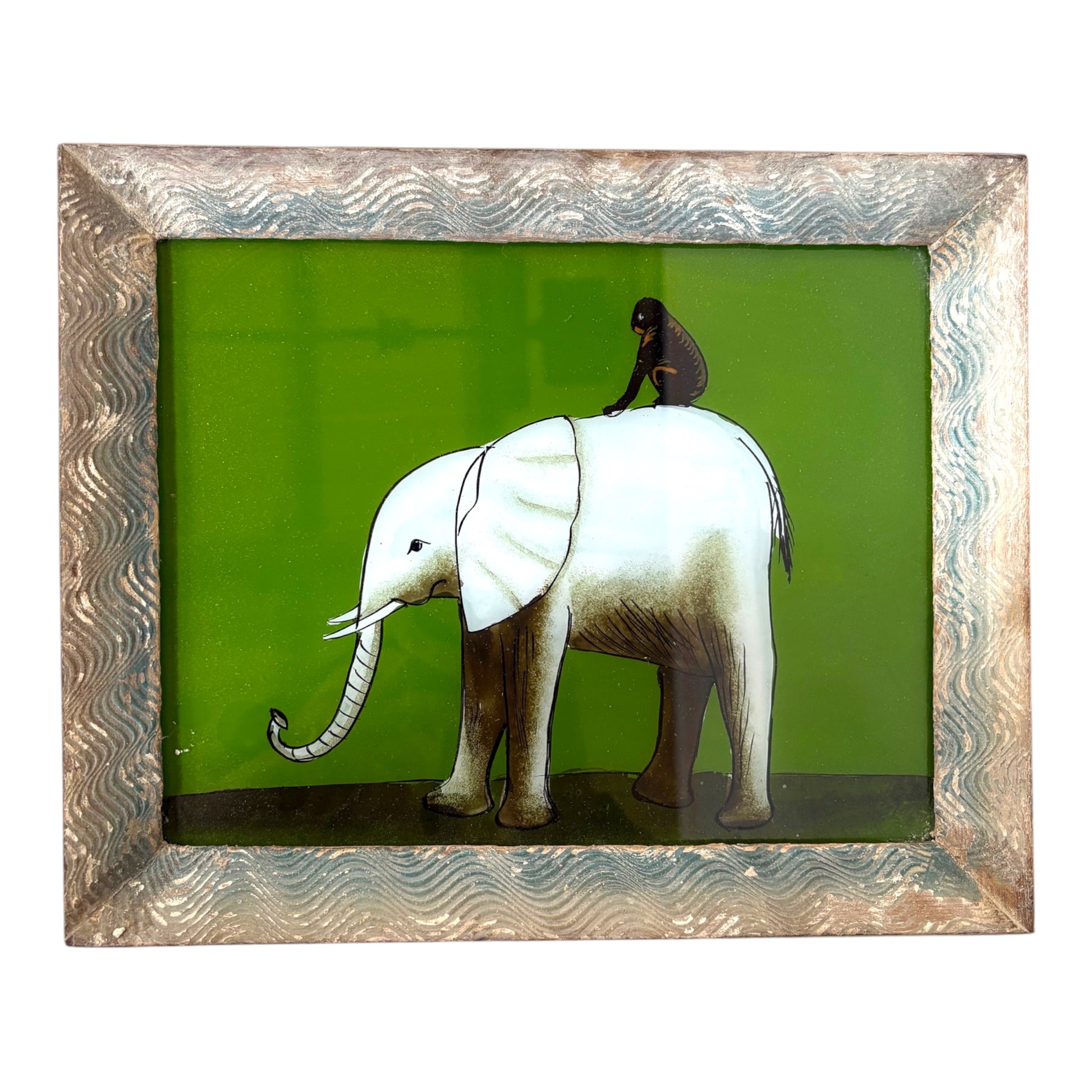 Framed elephant glass painting