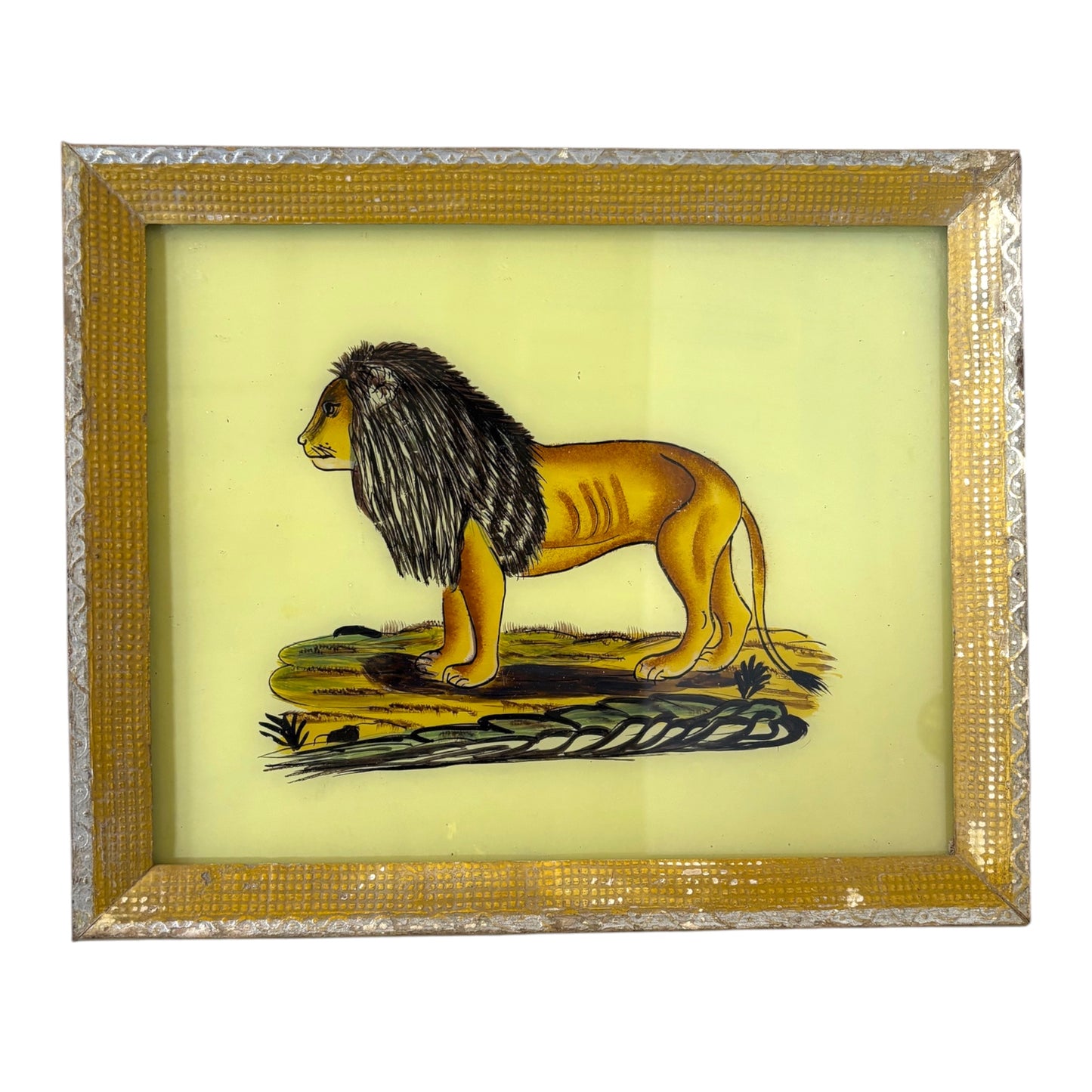 Framed glass painting of a lion