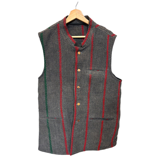 Mens kantha gilet charcoal and red
