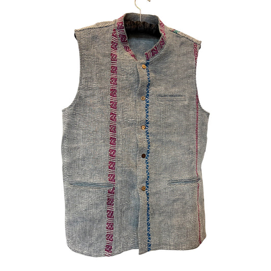 Mens kantha gilet grey stripe 1