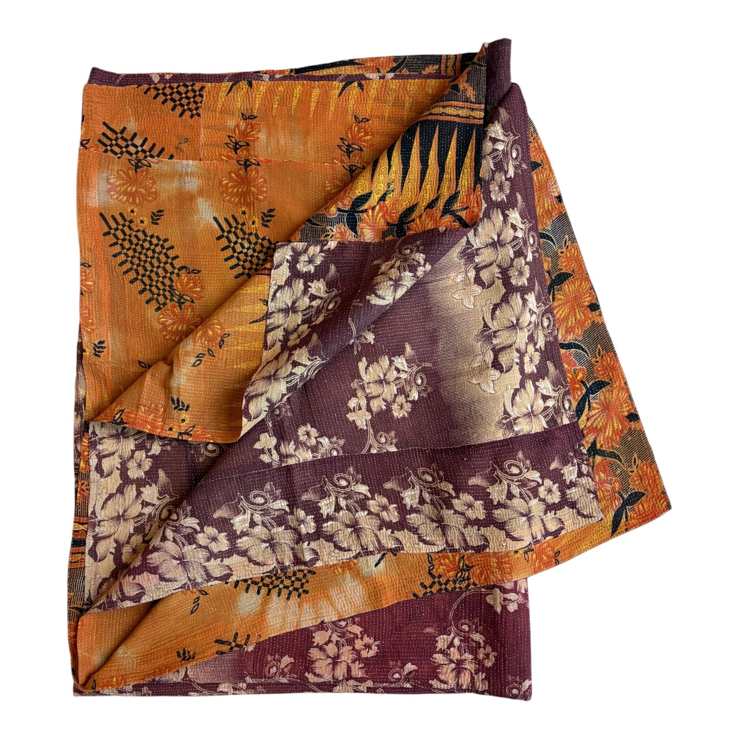 Mulberry vintage kantha quilt with yellow reverse
