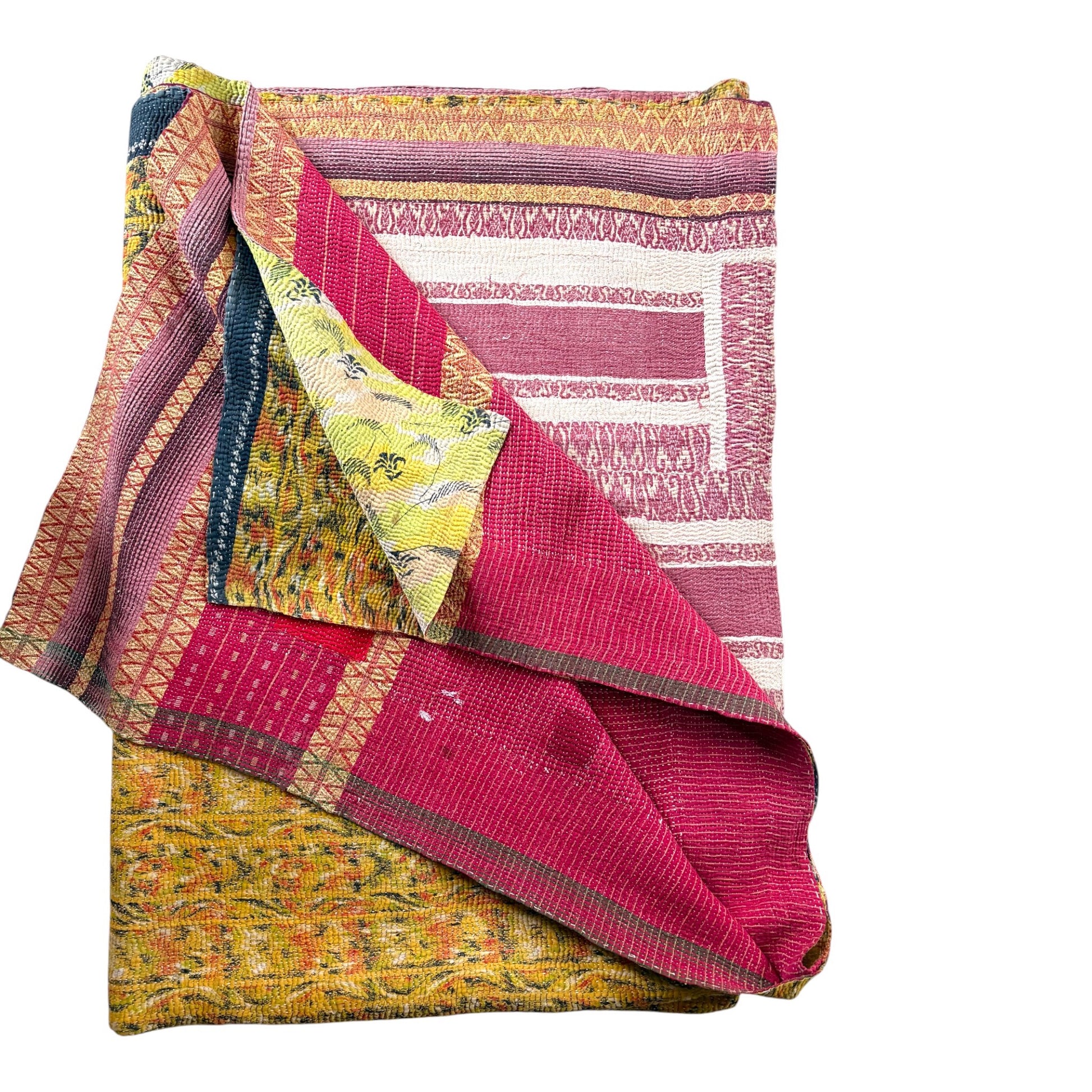 Mustard firestitch kantha quilt reverse