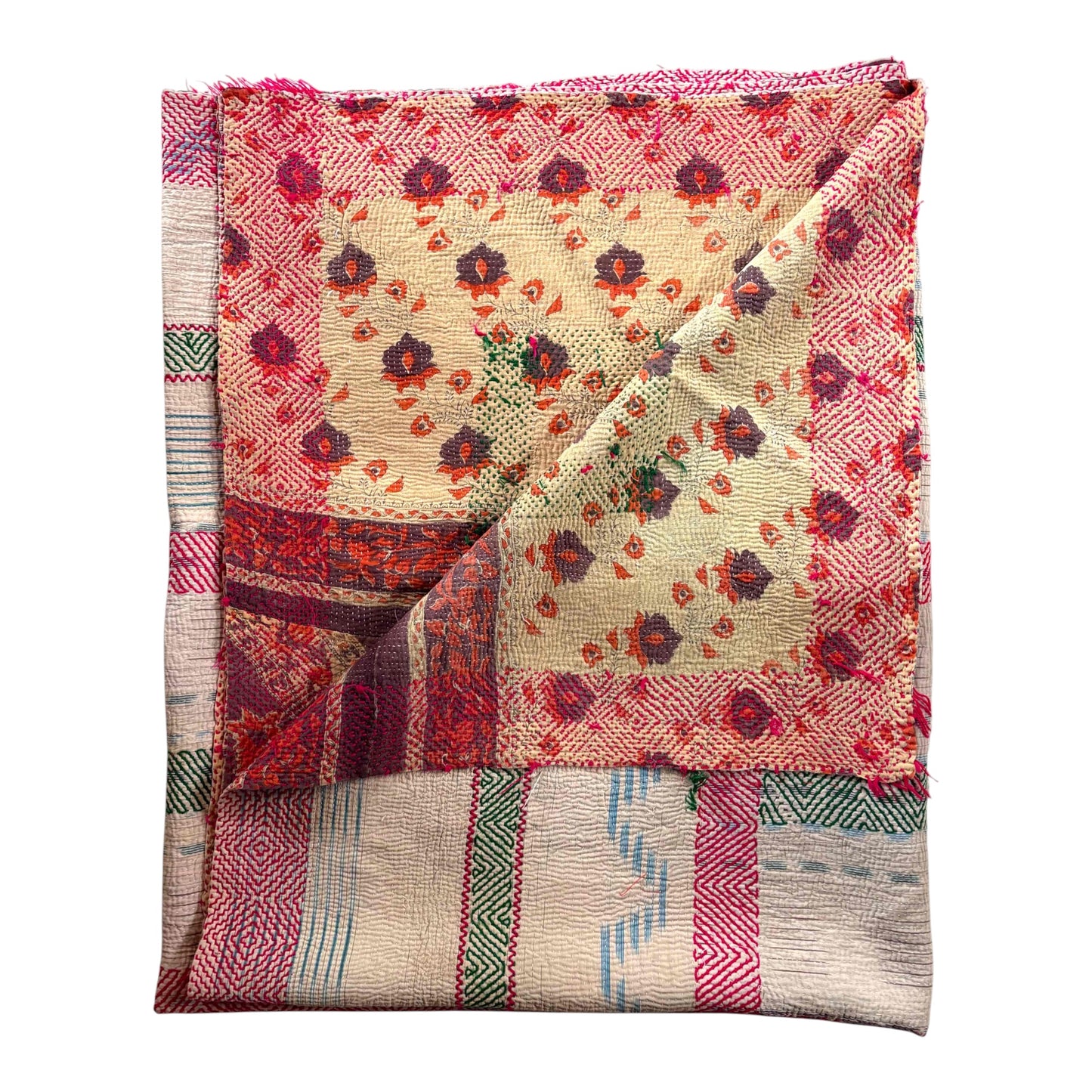 Nakshi kantha quilt with red and orange printed back