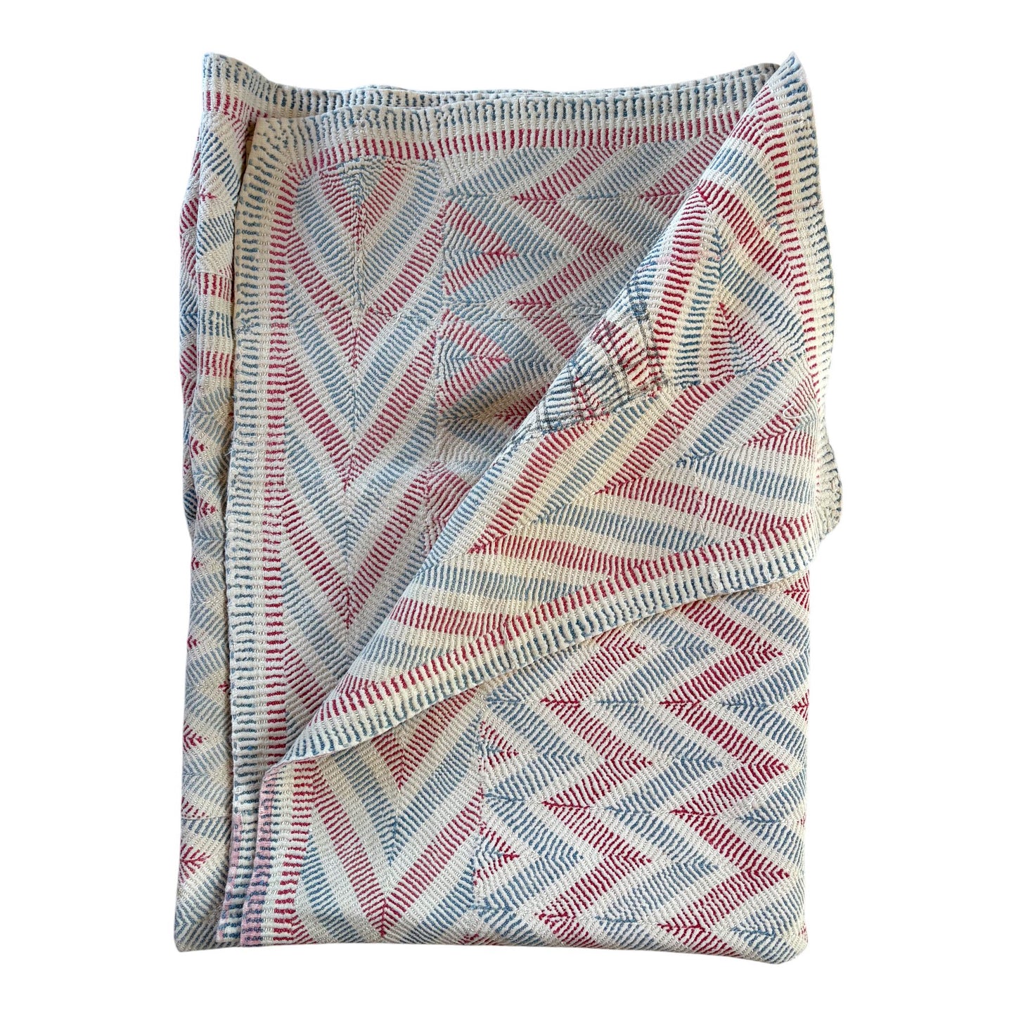 blue and red chevron nakshi kantha quilt