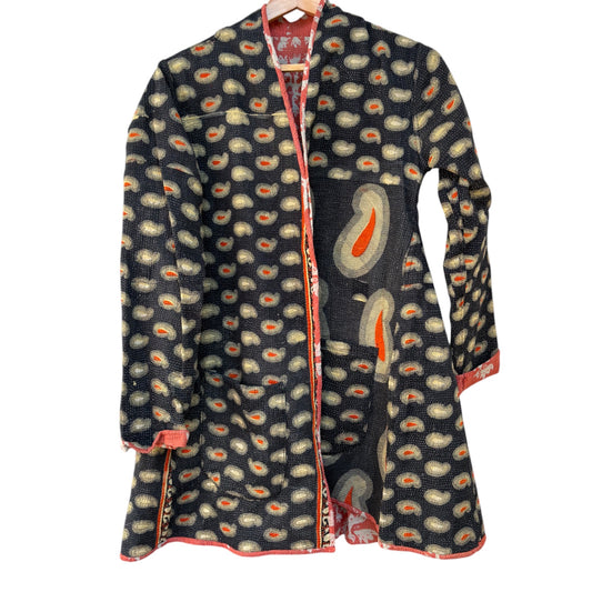 Navy blue with orange long kantha coat