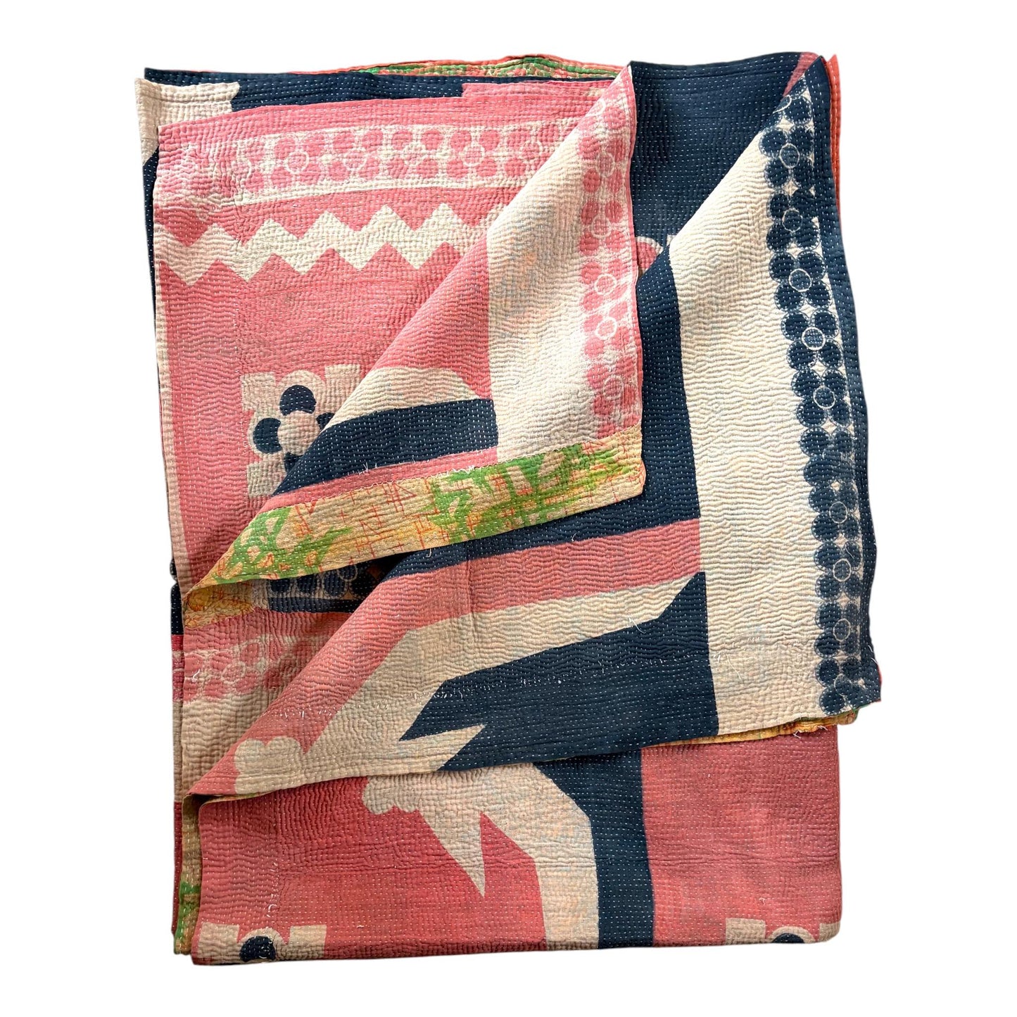 Navy and pink vintage kantha quilt