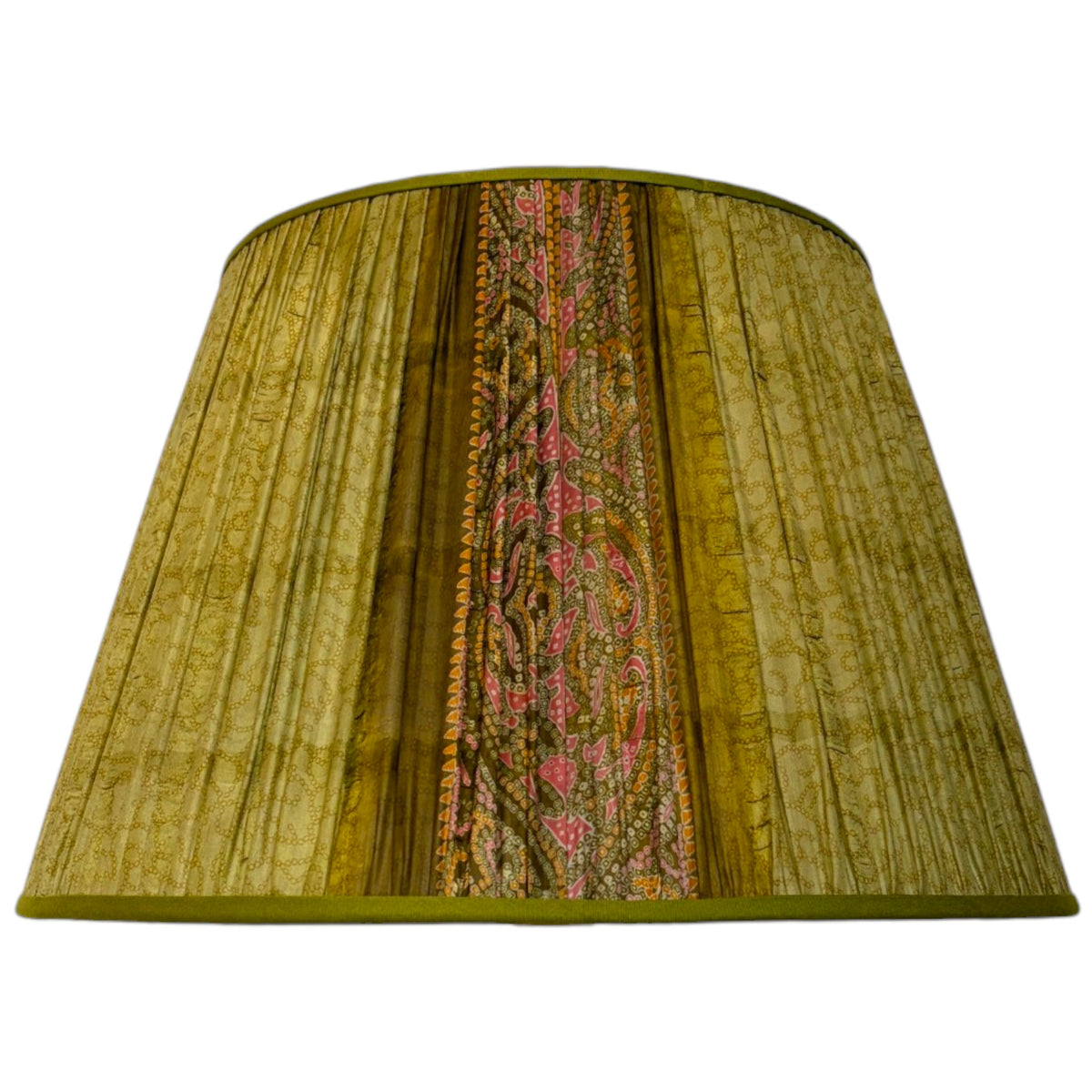 Olive & Pink Paisley gathered lampshade on its own, showing the paisley pallu panel and olive green trim