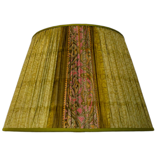 Olive & Pink Paisley gathered lampshade on its own, showing the paisley pallu panel and olive green trim