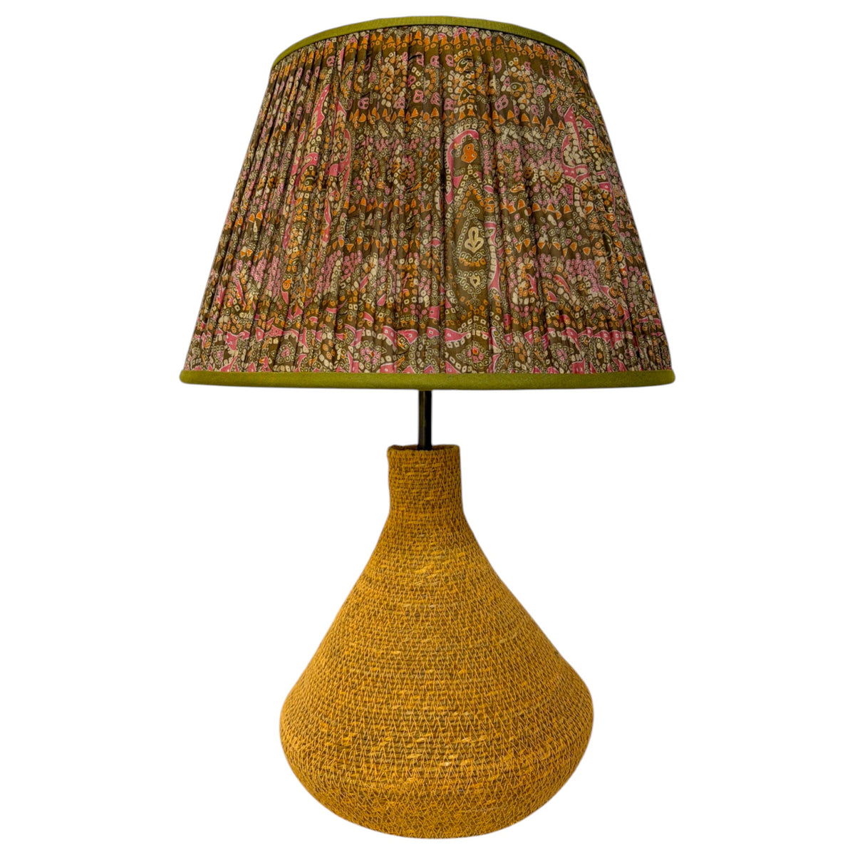 Olive, pink and orange paisley gathered vintage silk sari lampshade on a woven ochre table lamp