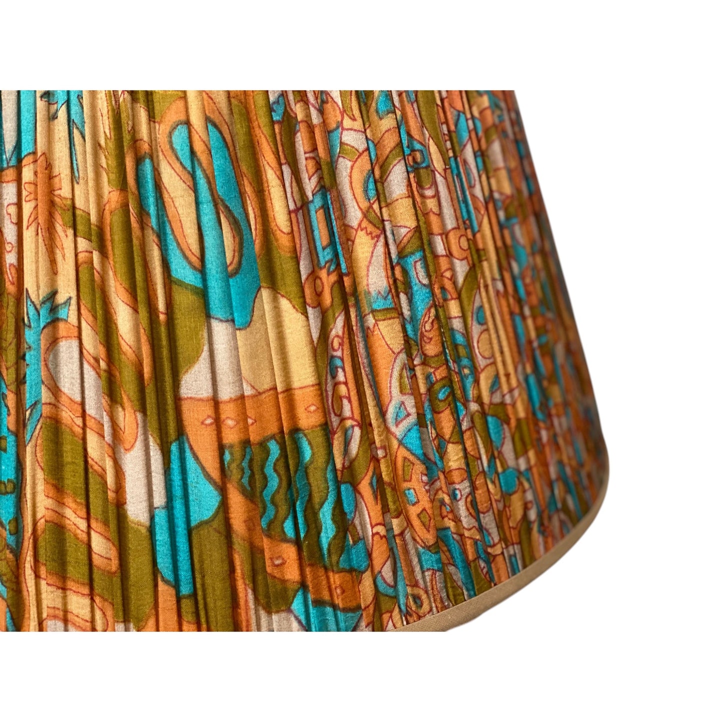 close up of orange and aqua silk sari lampshade
