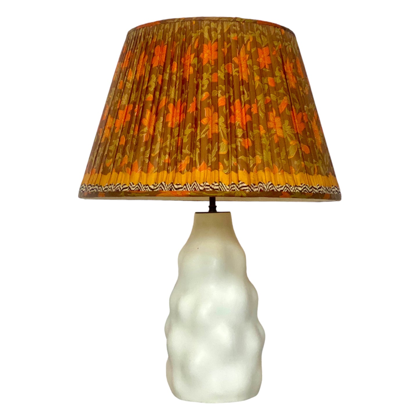 Orange and olive floral lampshade with Iki lamp