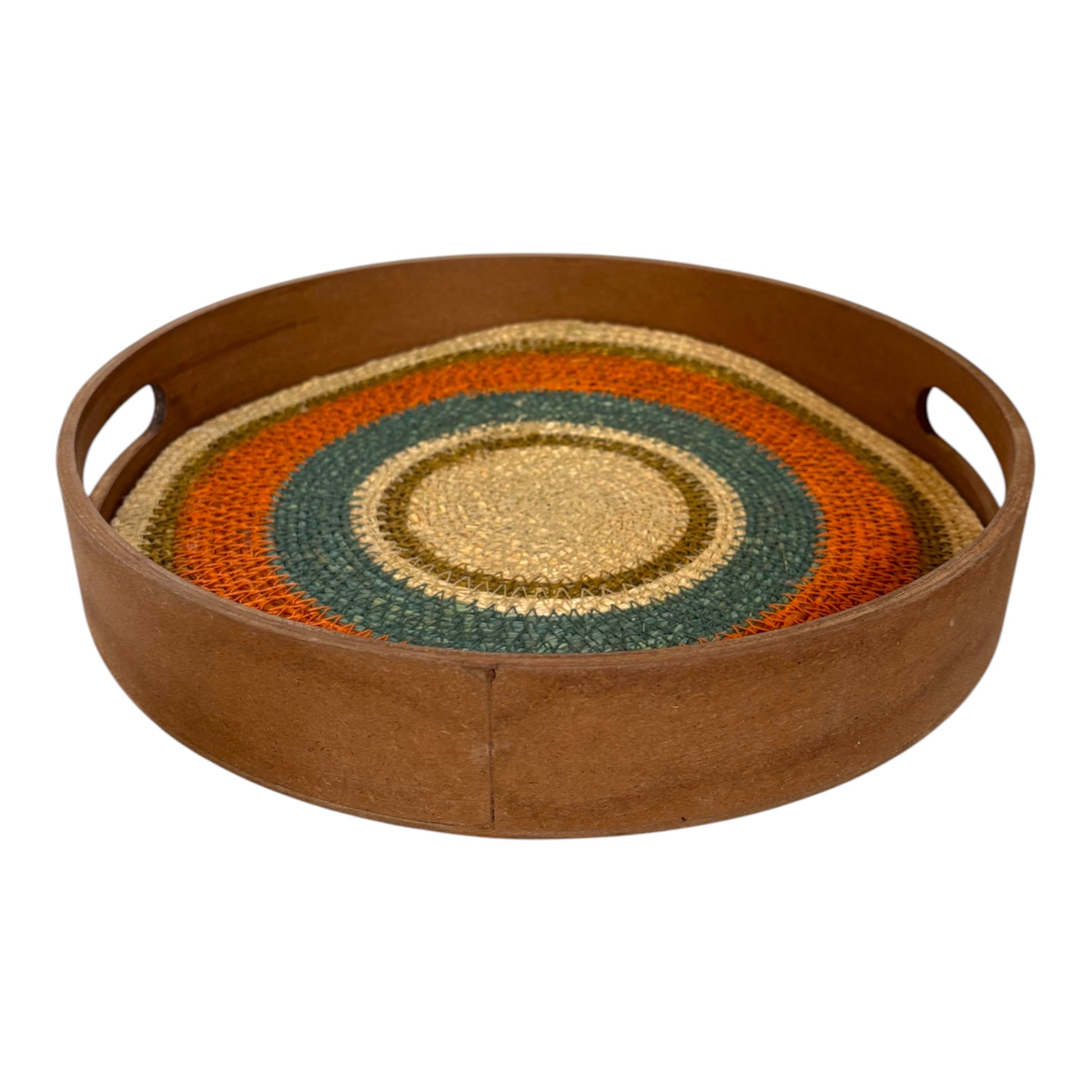 Orange and teal jute and wood tray
