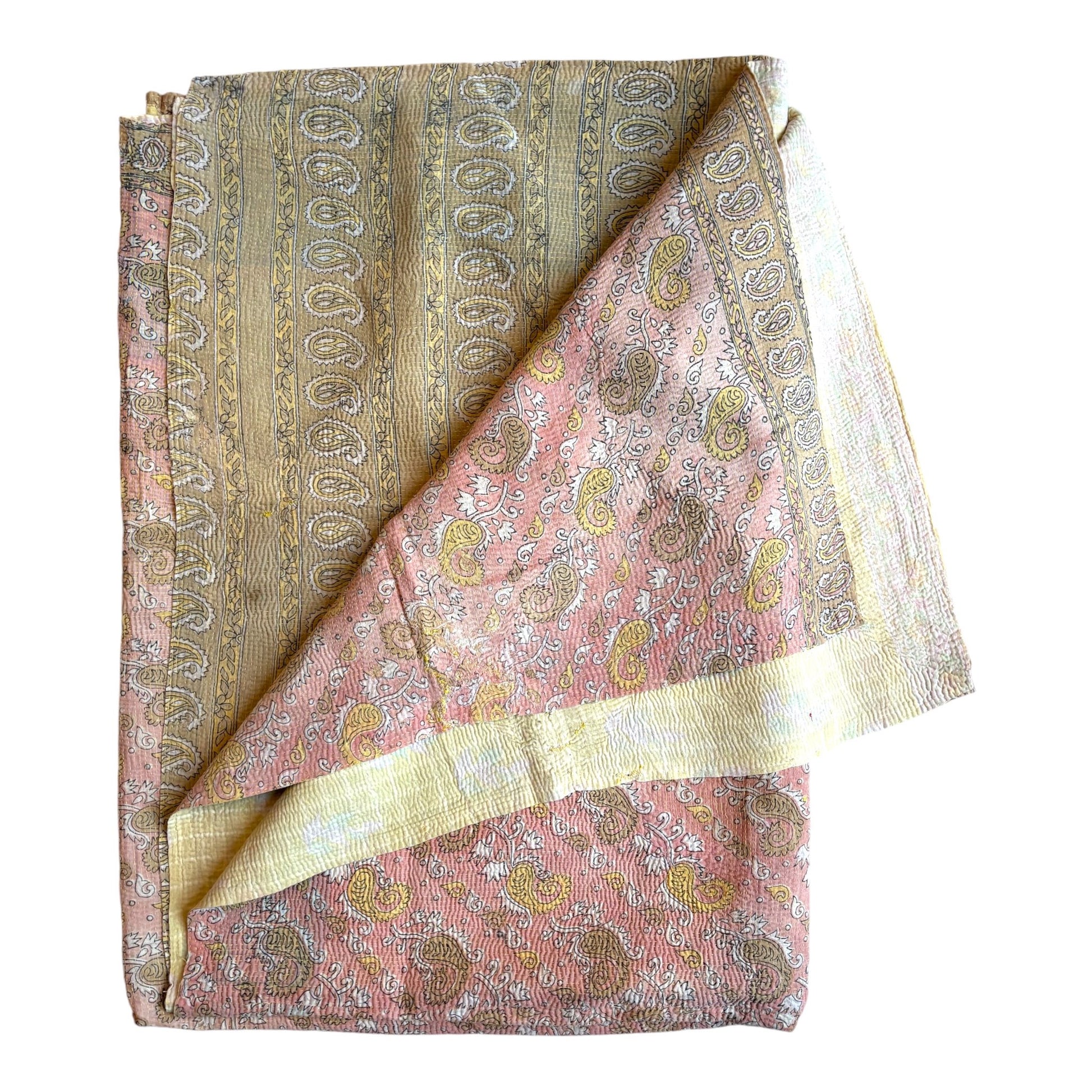 Pink and yellow kantha quilt