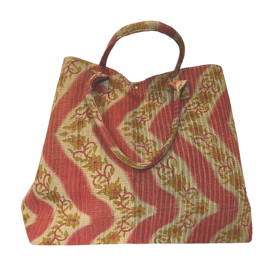 Pink and ochre kantha tote bag