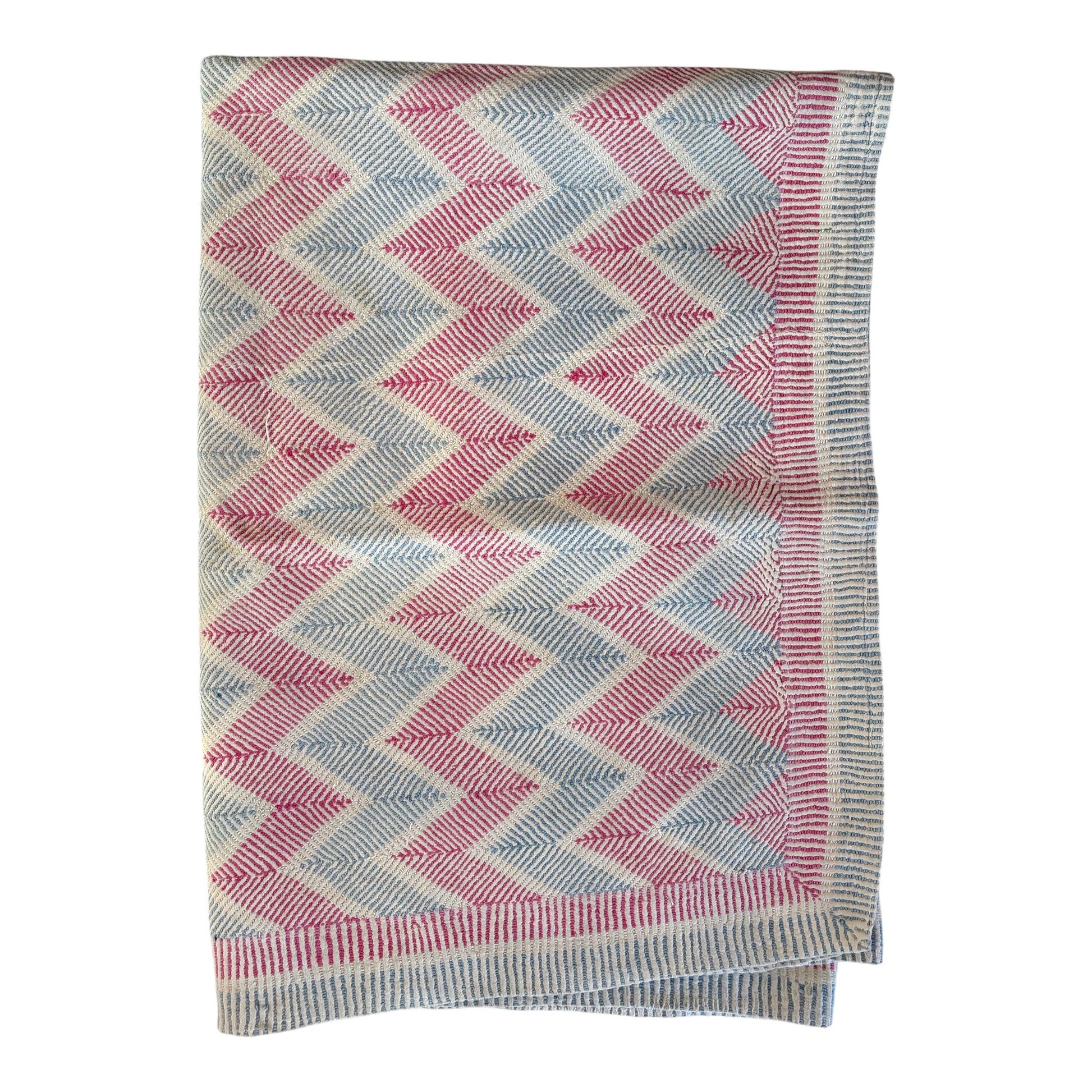 vintage nakshi kantha quilt in pink and blue