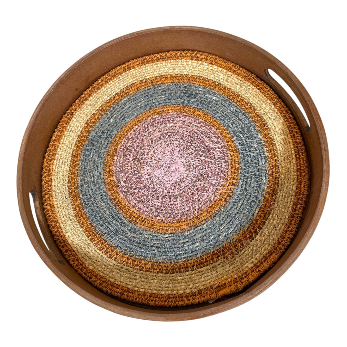 pink and blue jute with wooden tray