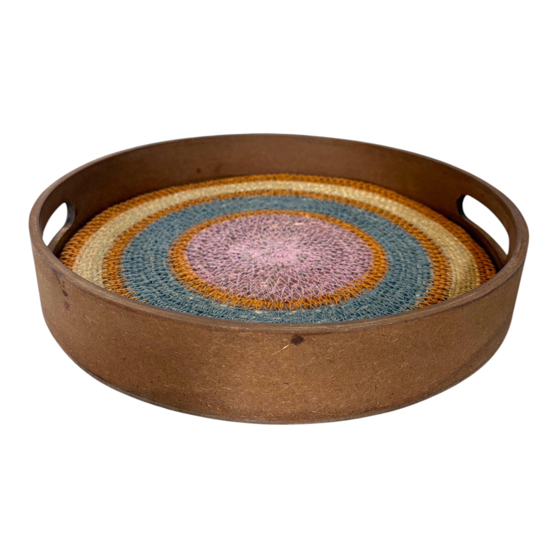pink and blue jute with wood tray