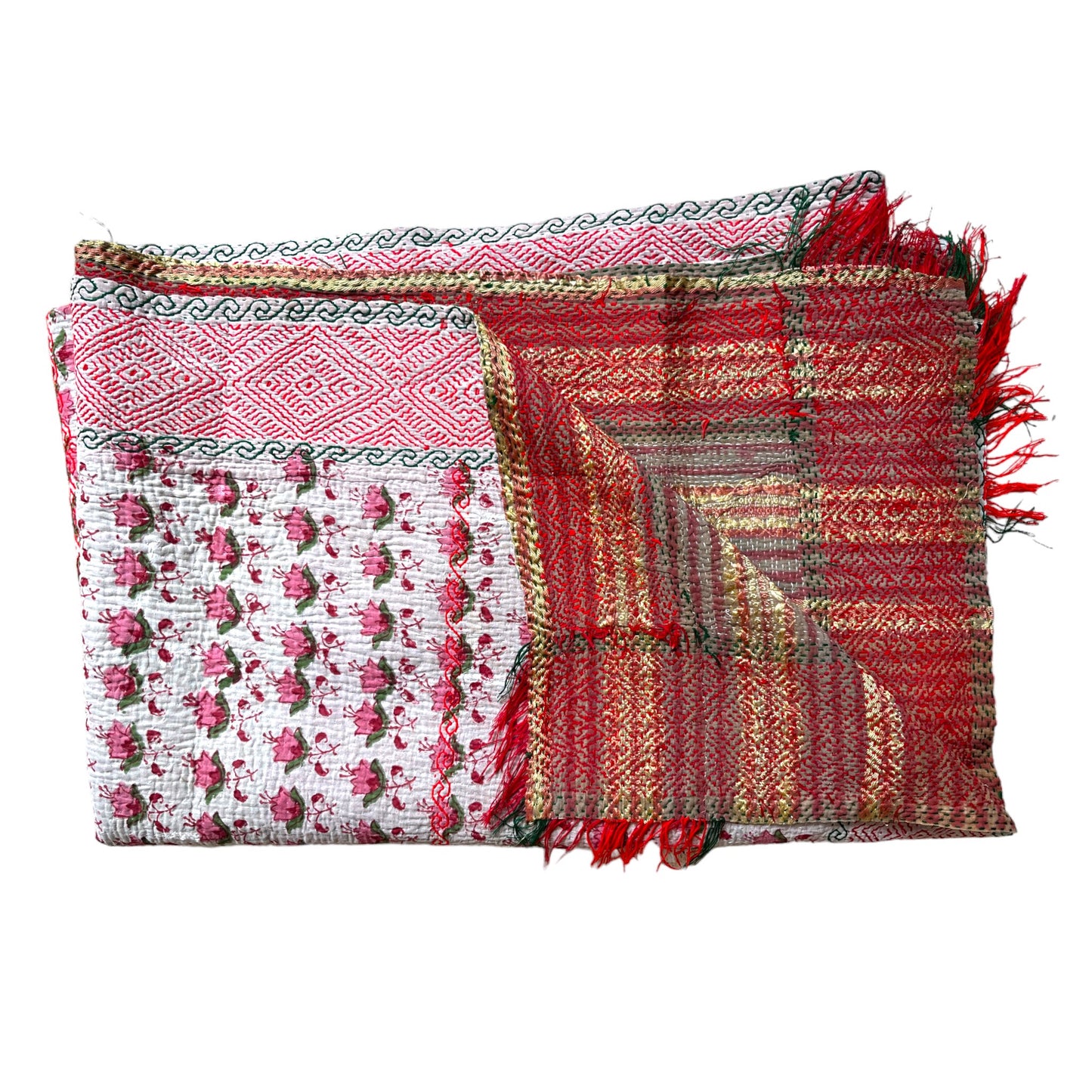 Pink with border block print kantha