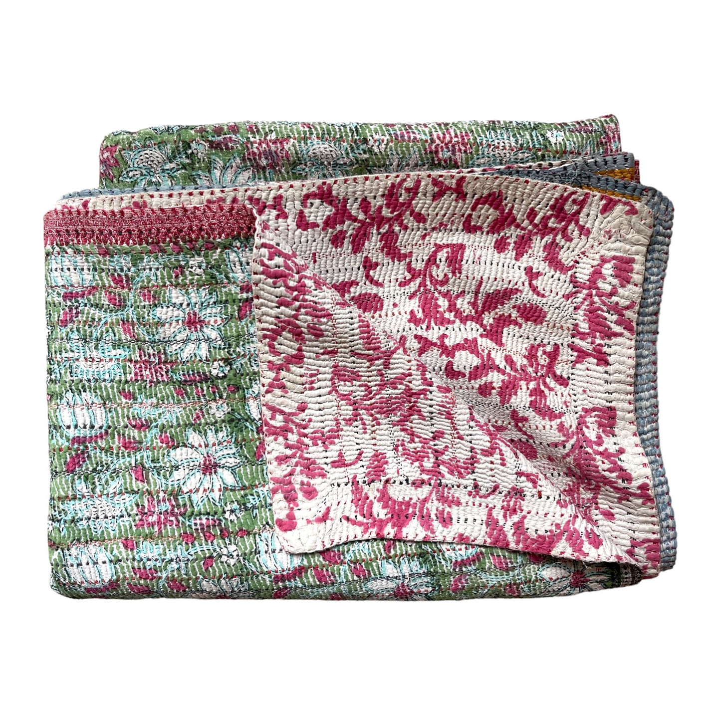 Pink and green block print kantha