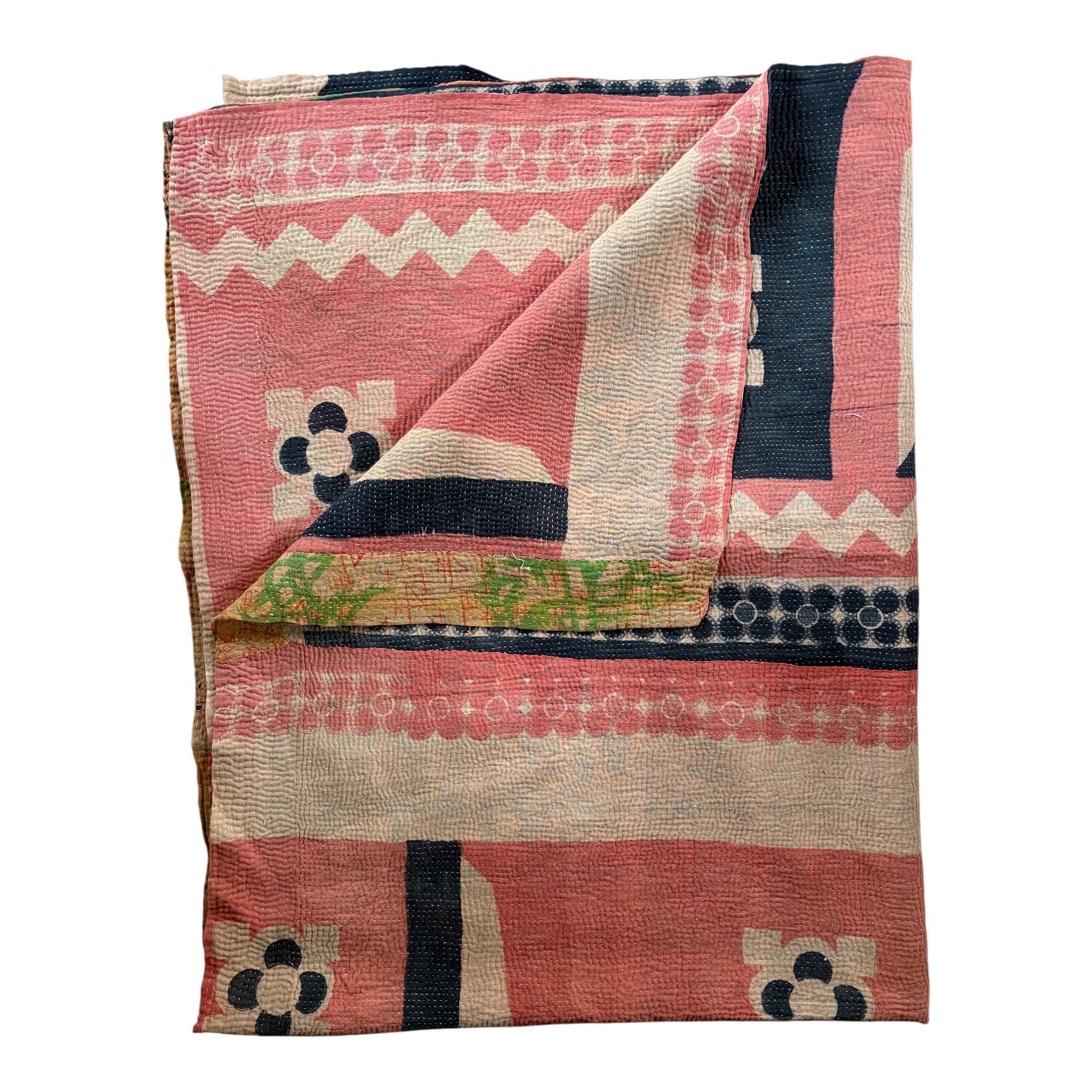 Pink and navy kantha quilt