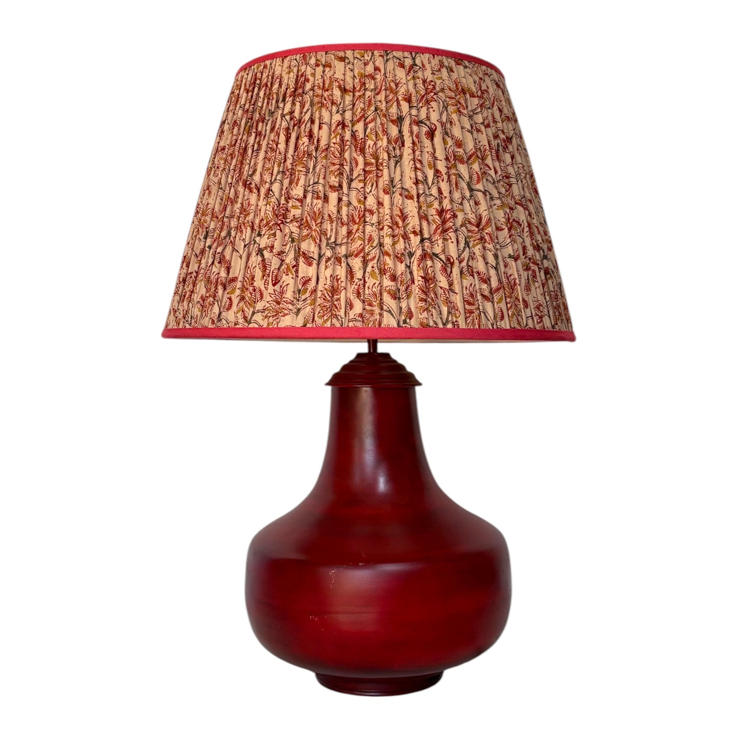 pink and ochre kalamkari lampshade on priyanka lamp base
