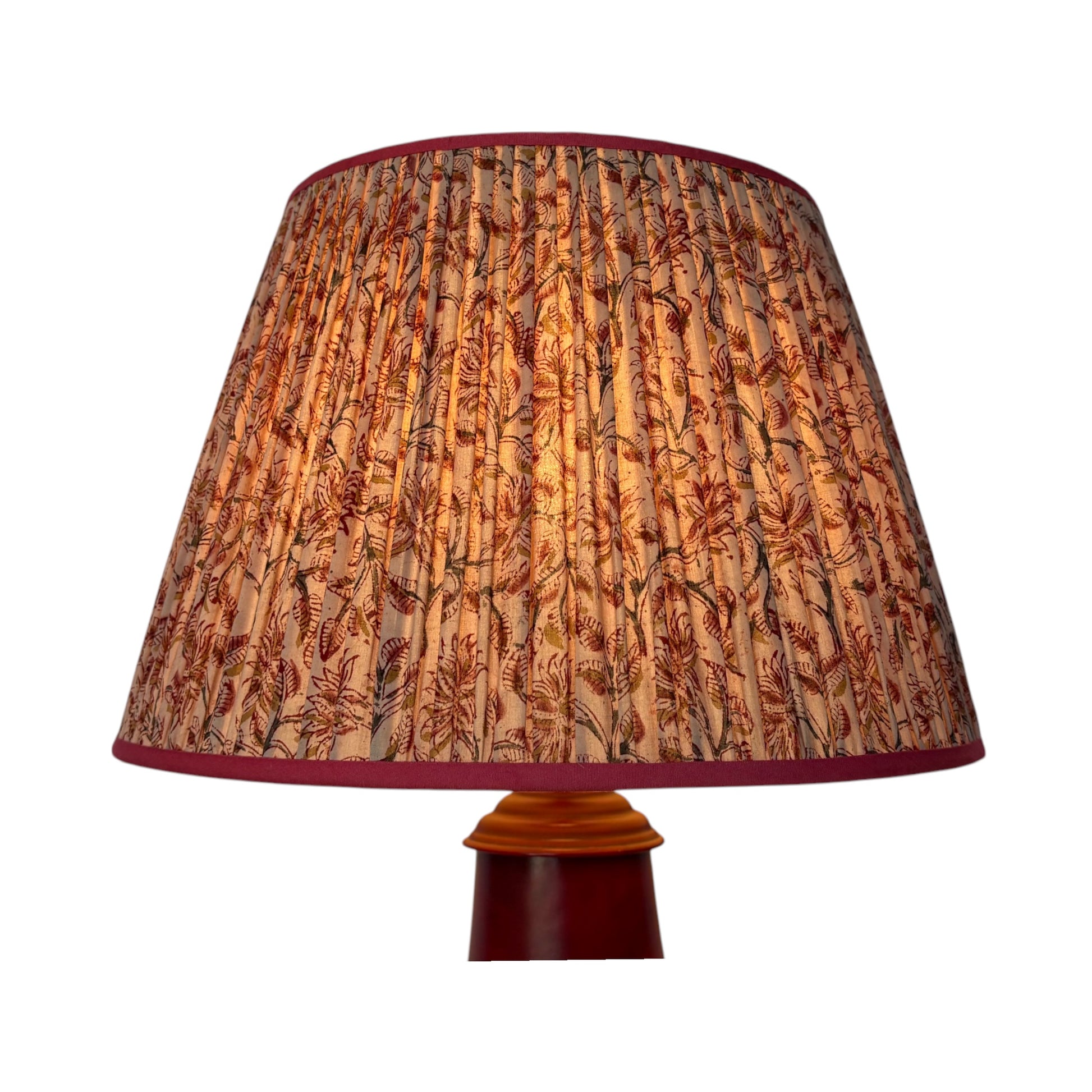 pink and ochre kalamkari lampshade lit