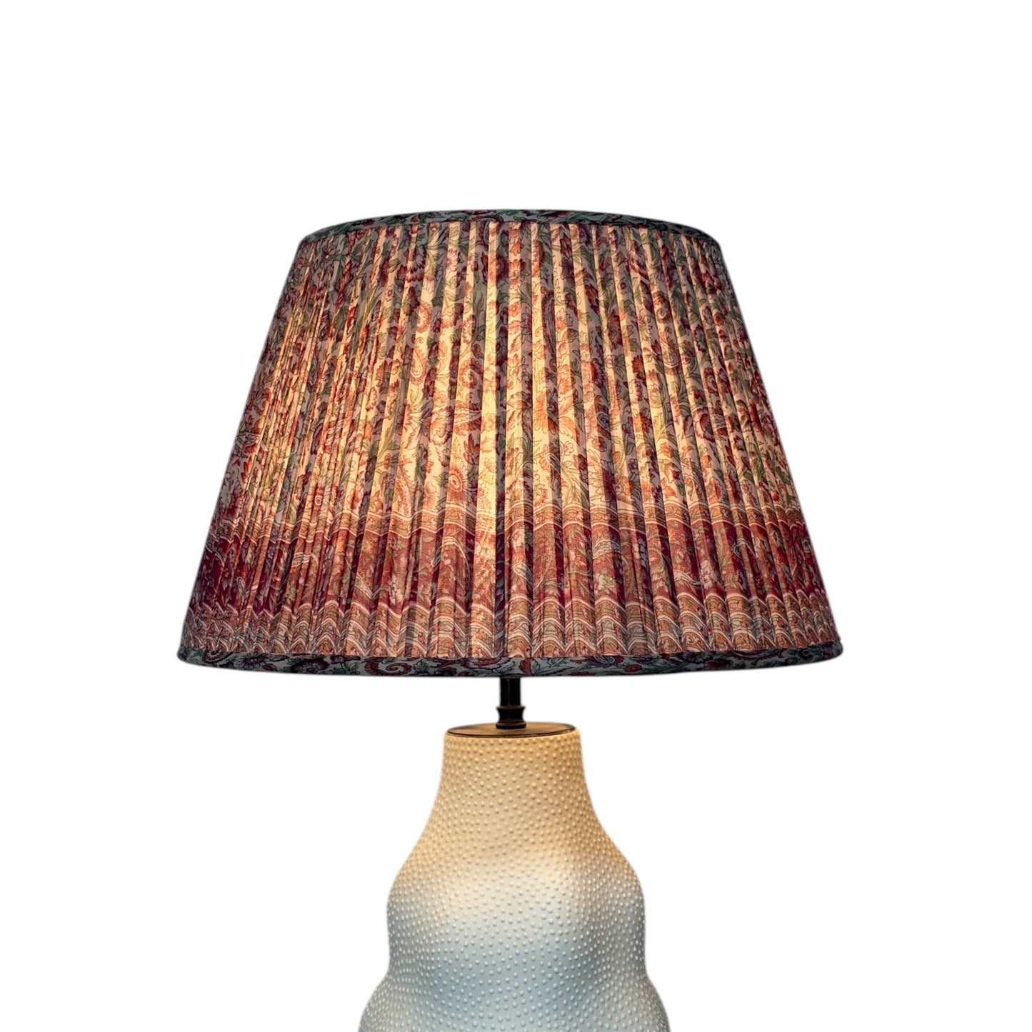 Pink paisley lampshade lit
