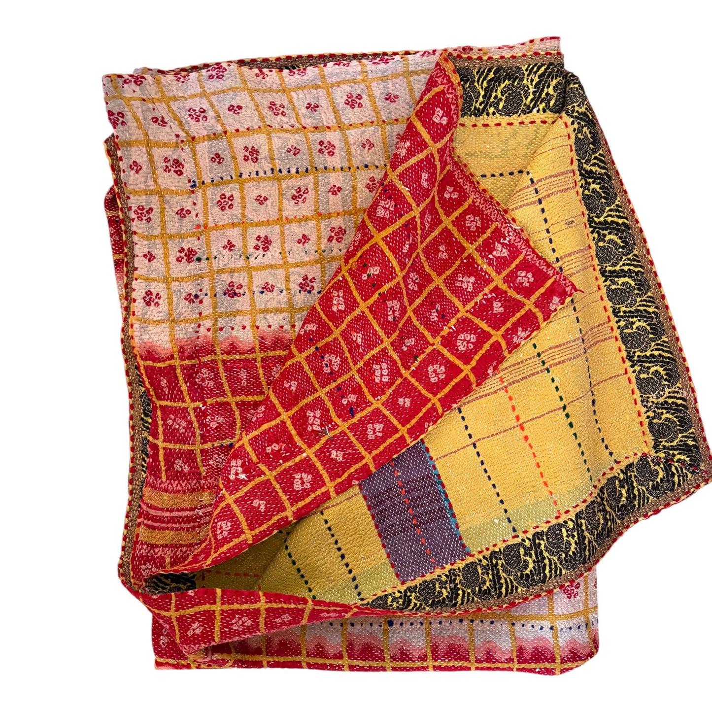 Vintage kantha quilt pink and red check