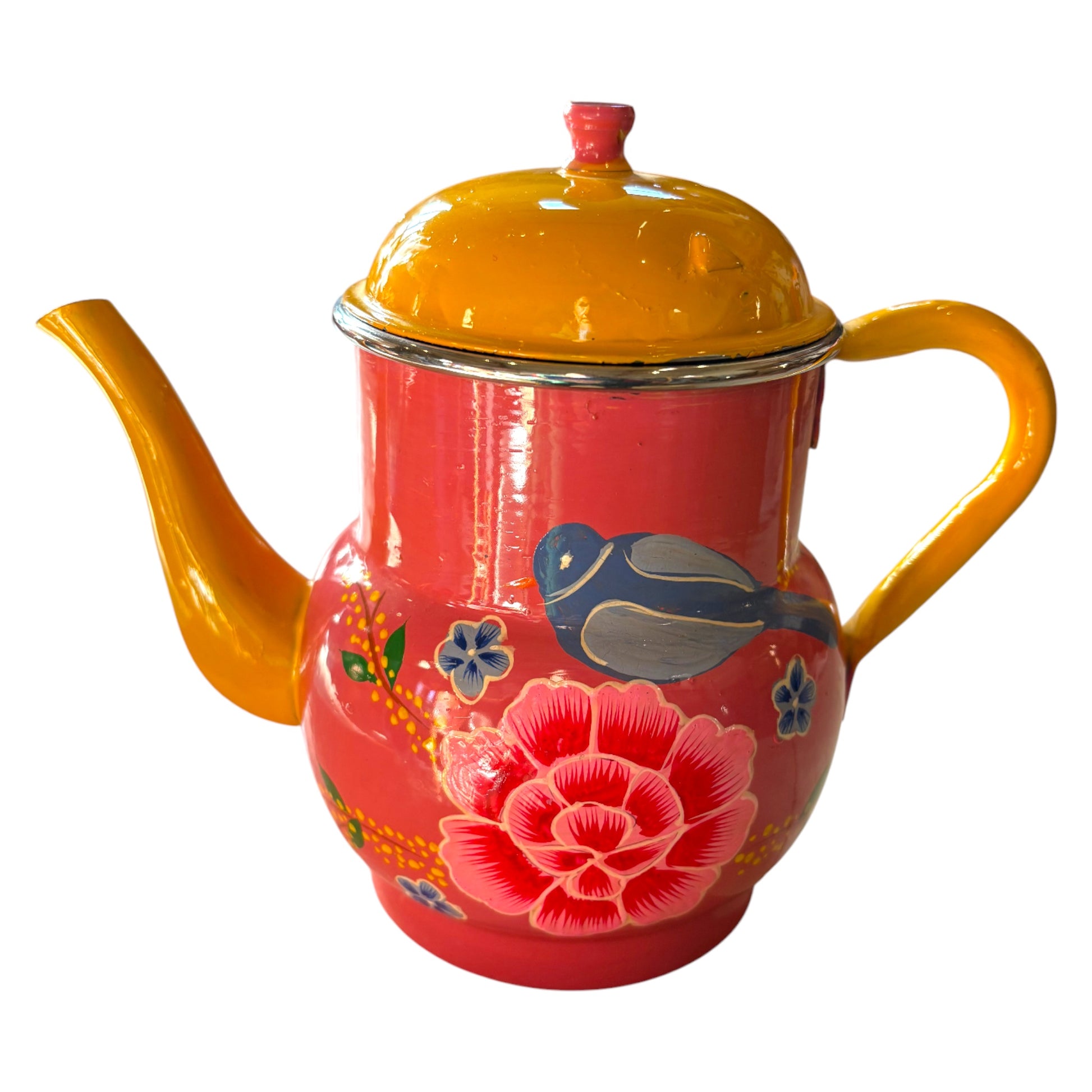 Pink yellow enamel teapot