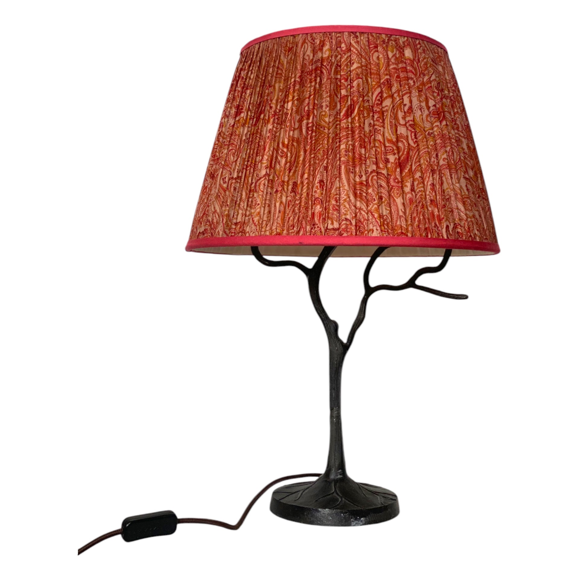 Pinky red vintage silk lampshade on Tree lamp