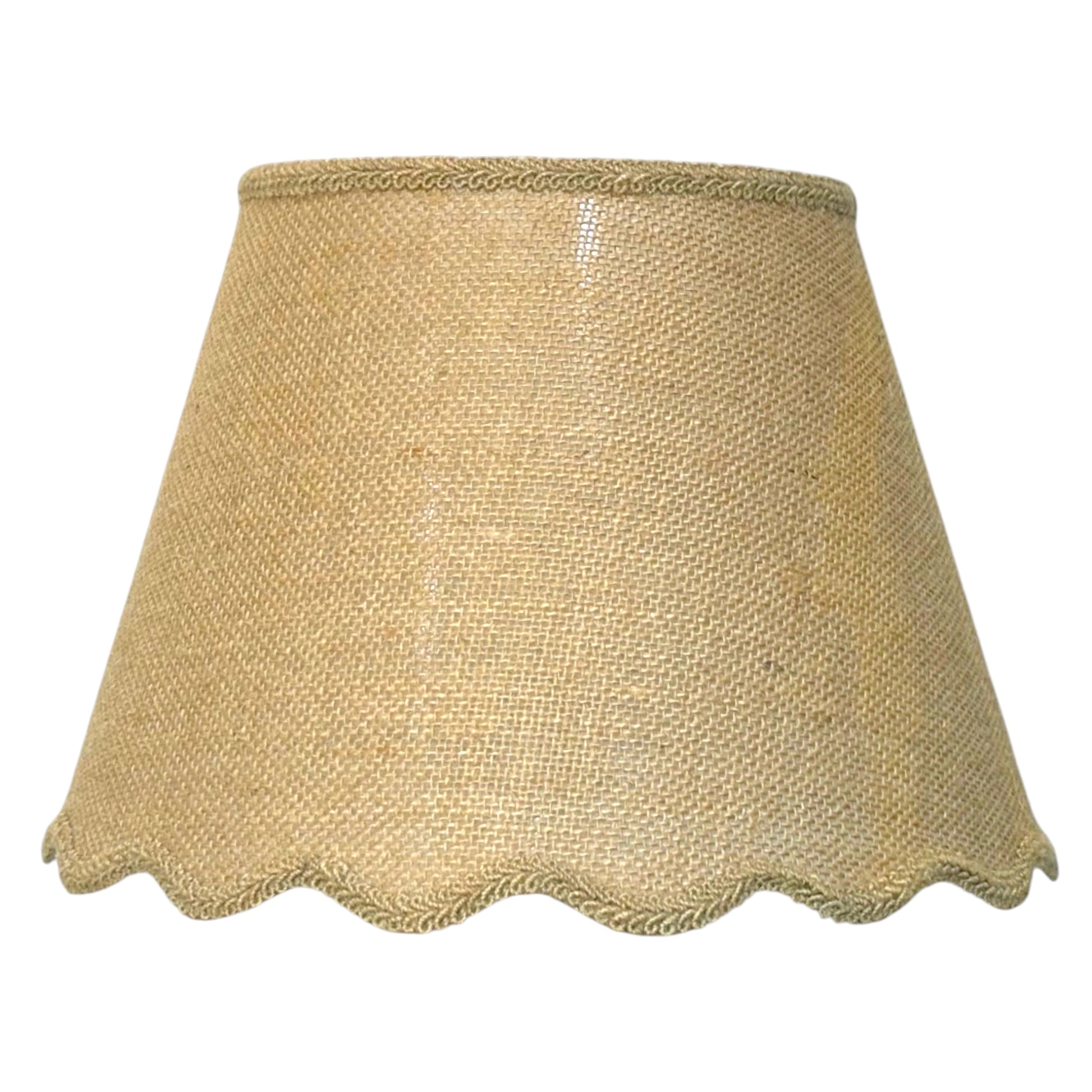A natural hessian lampshade with a scalloped edge, shown against a plain white background.
