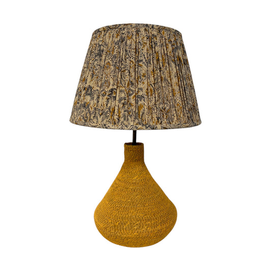 Raffi Table Lamp with gathered block-print shade in grey and mustard, on woven jute teardrop base