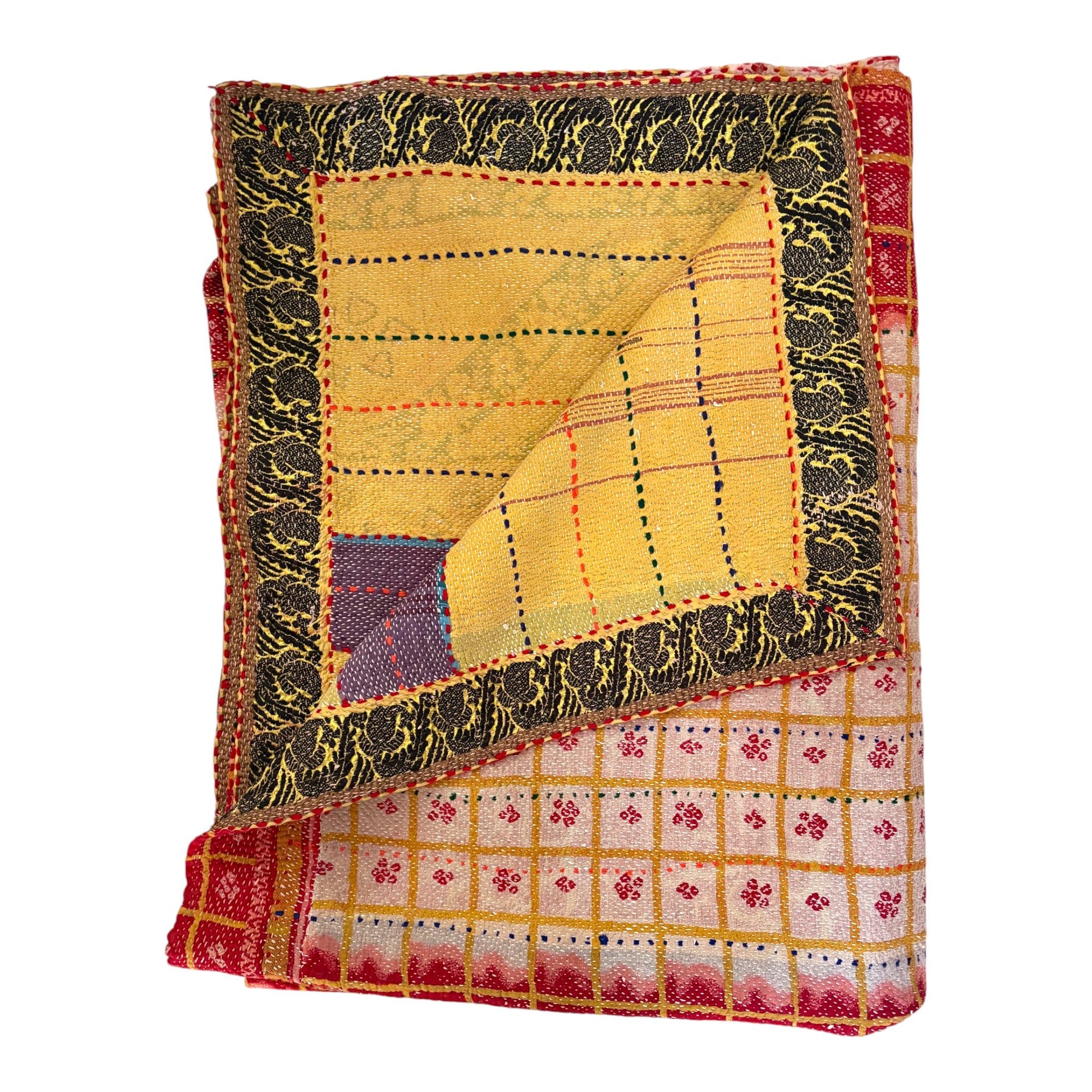 Red and pink kantha quilt