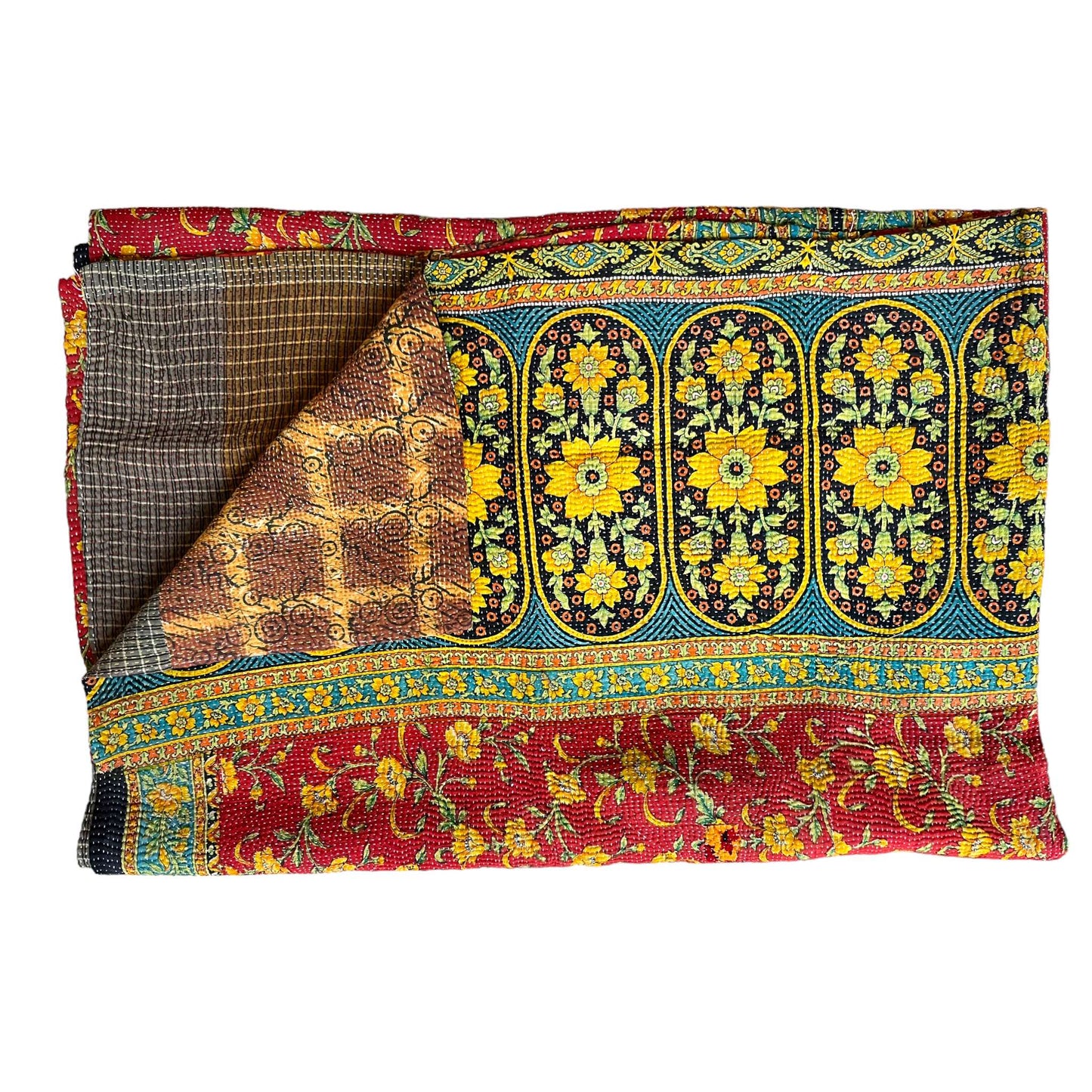 Red with electric blue kantha quilt