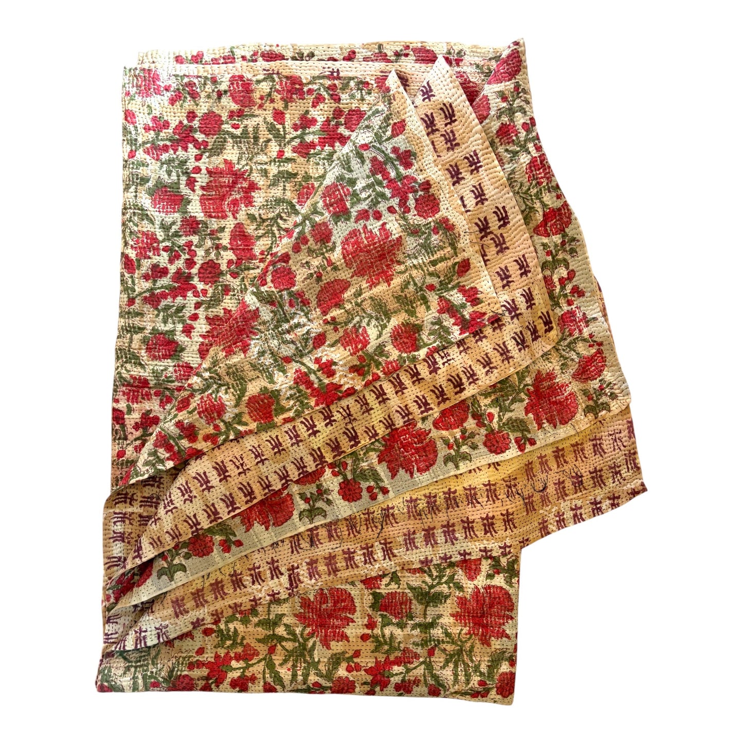 Red floral kantha quilt block printed