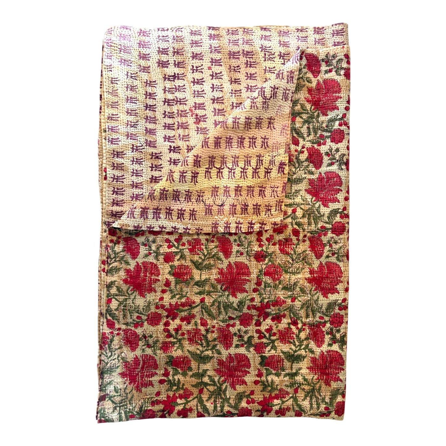 Red Floral kantha quilt block printed