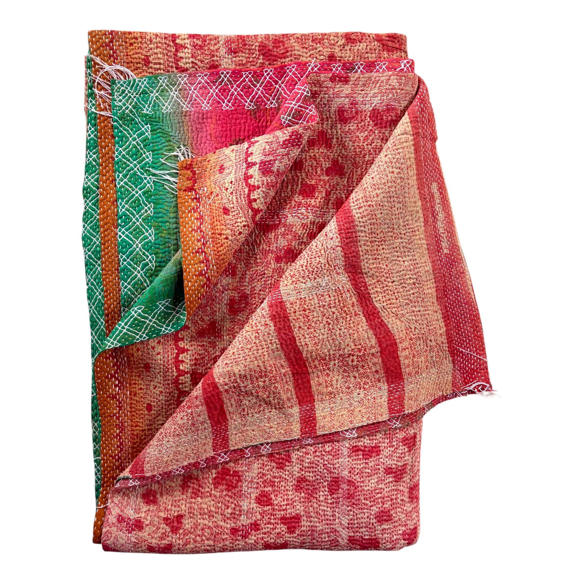Red floral kantha quilt with green