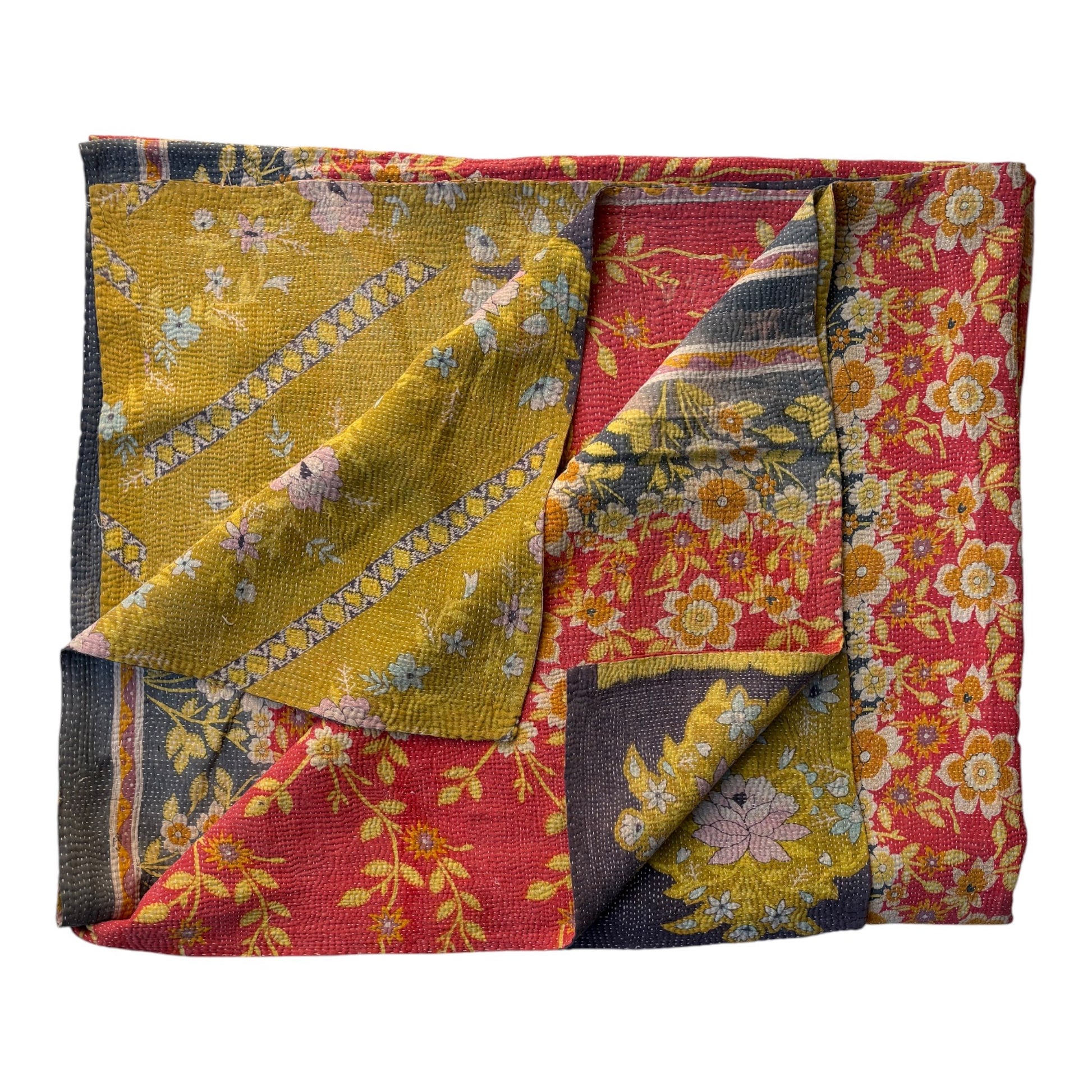 Red and indigo kantha quilt