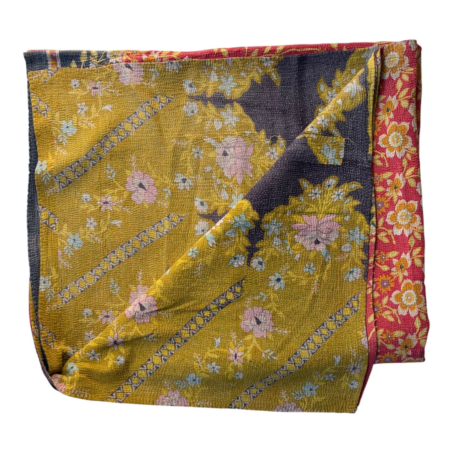 Reverse red and indigo kantha quilt