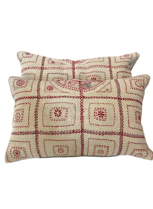 Red nakshi kantha cushion
