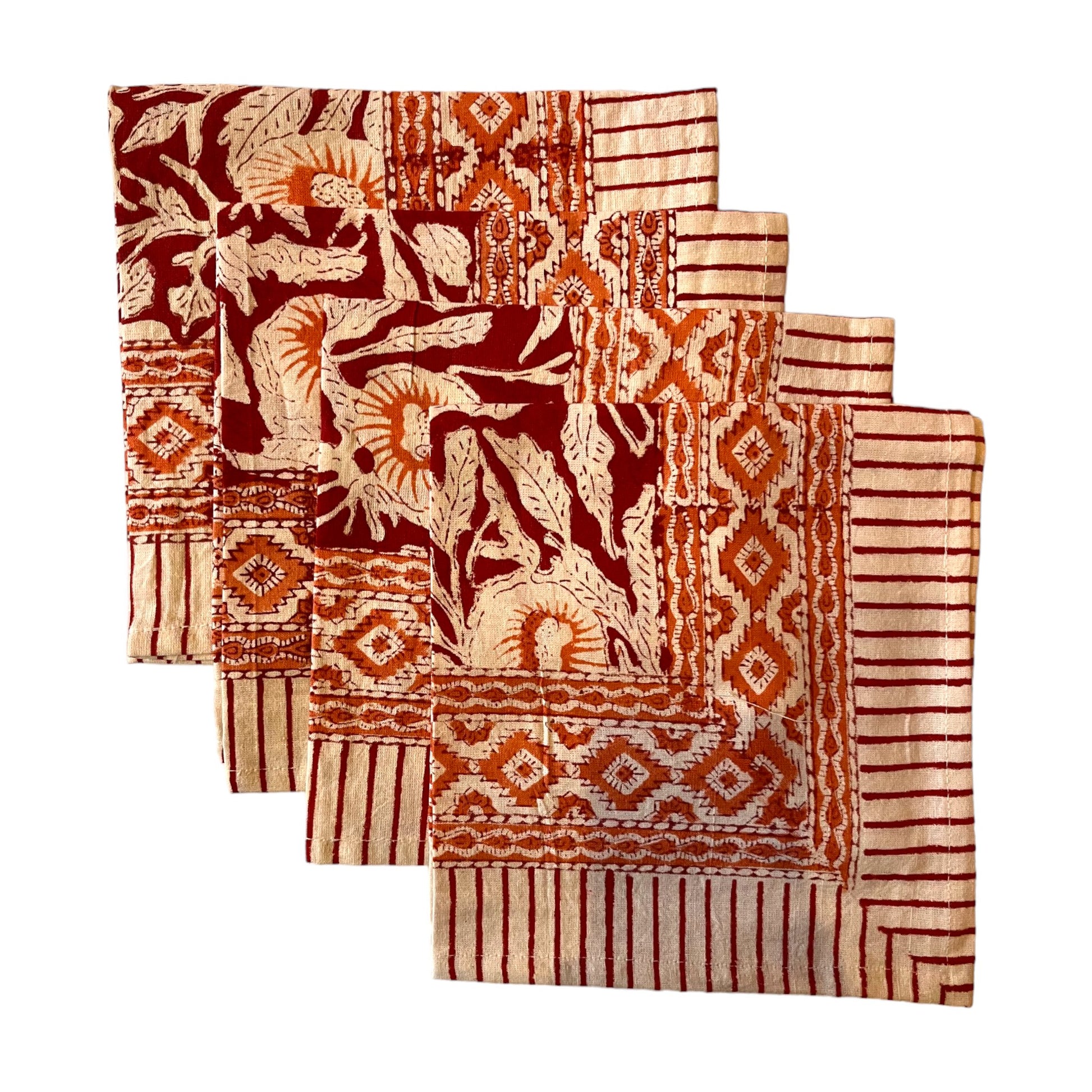 red and orange block print cotton napkin