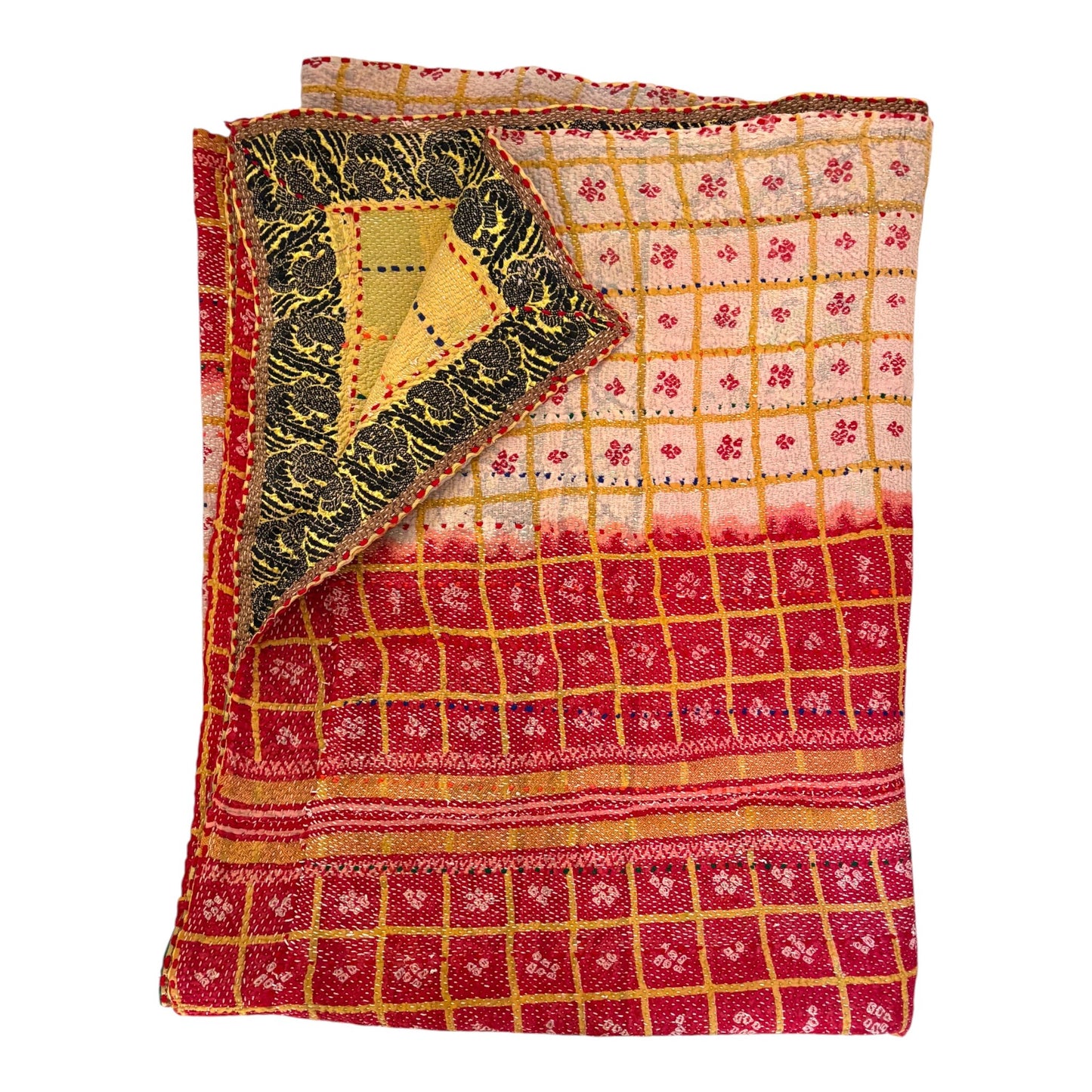 Pink and red check kantha