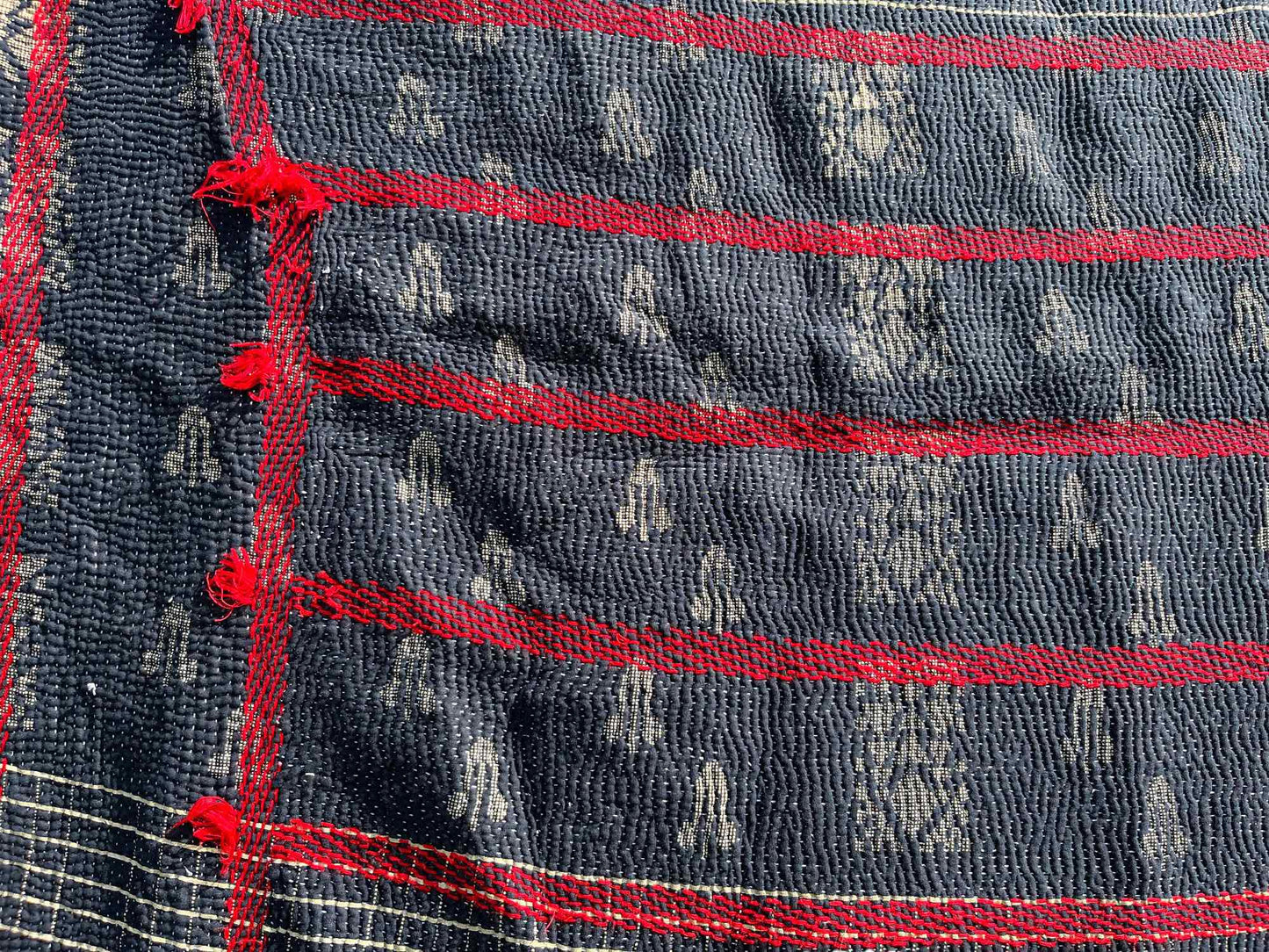 Red white and blue kantha close up