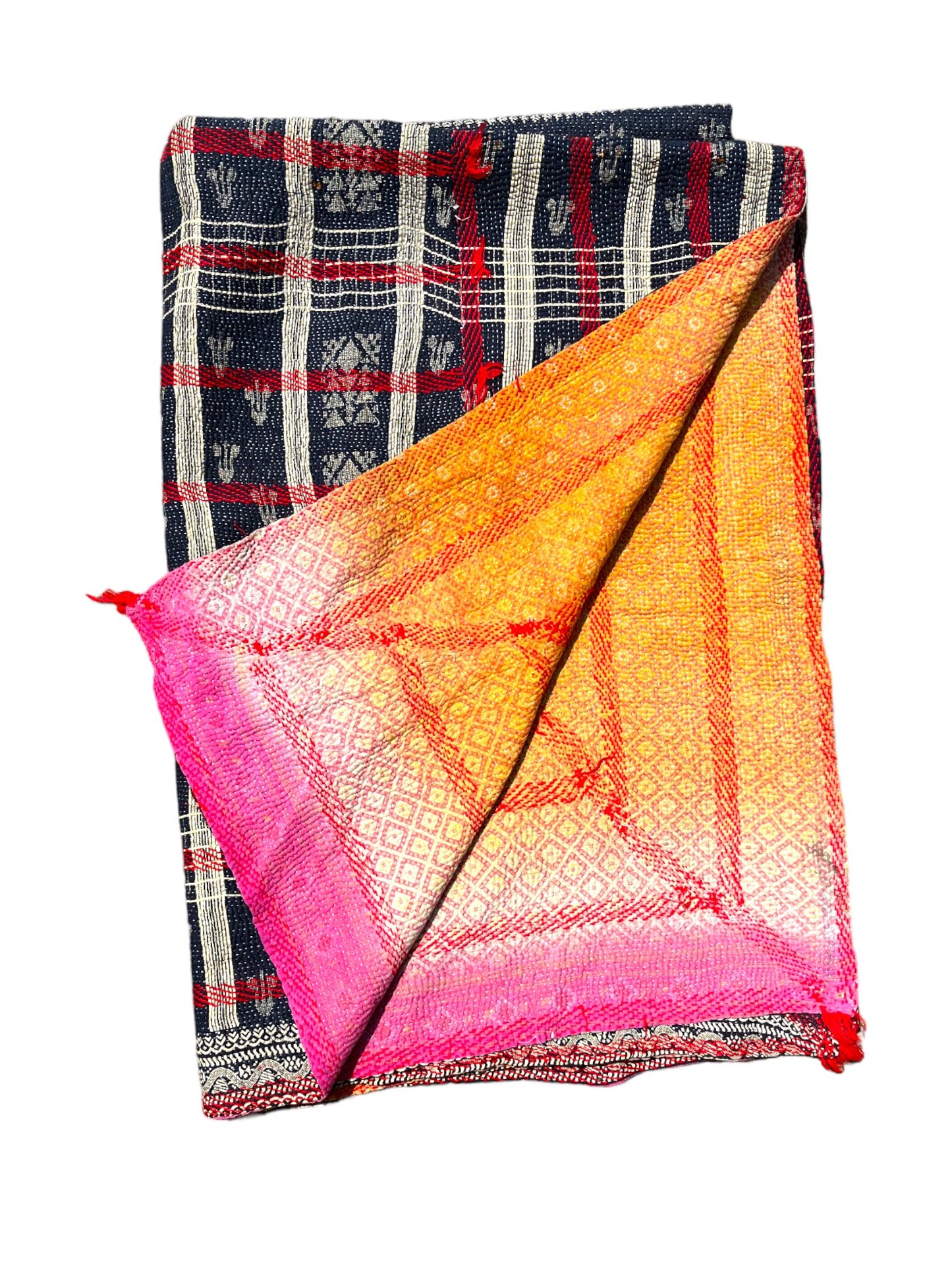 Red white and blue kantha folded