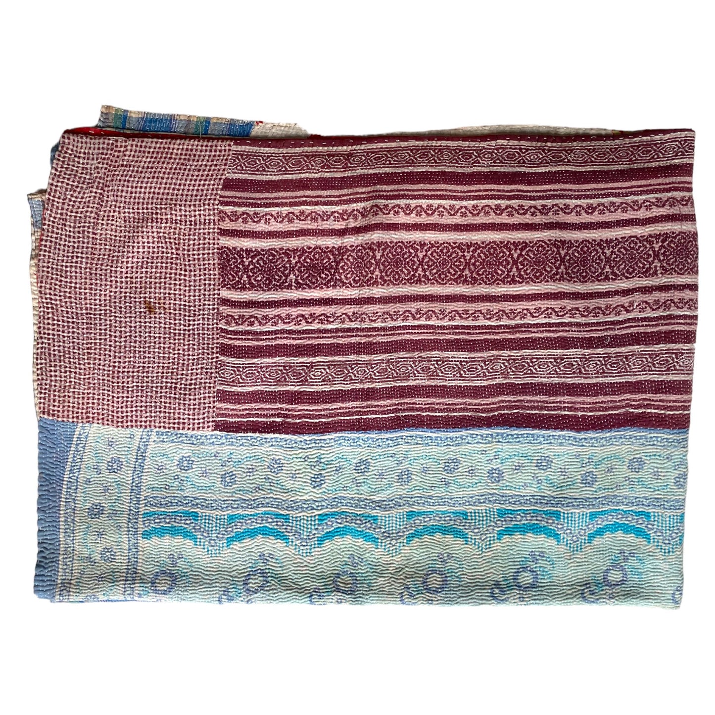 Red and white Kantha quilt reverse