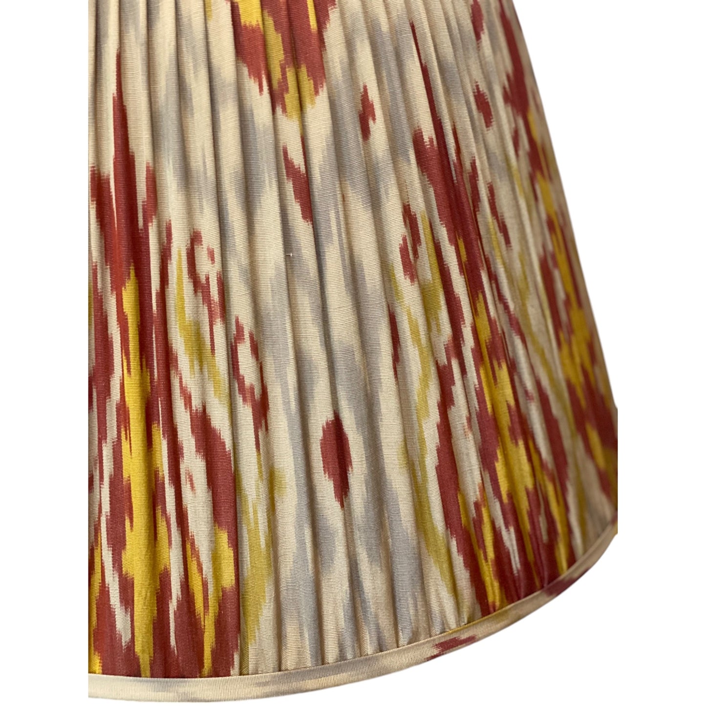 Red and yellow ikat lampshade close up