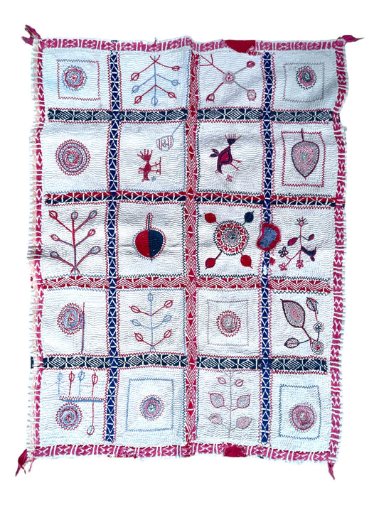 Red and blue nakshi kantha baby quilt